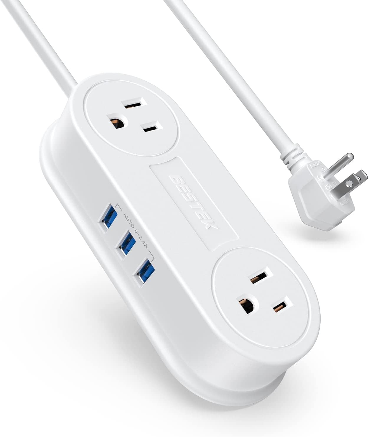 Small Power Strip with 3 USB Ports, BESTEK 2 Outlet Portable Plug Strip Charging Station with Adhesive Sticker, 5 Ft Extension Cord, Ultra-Compact for Cruise Ships, Dorm Room,Travel, Bedside, Office