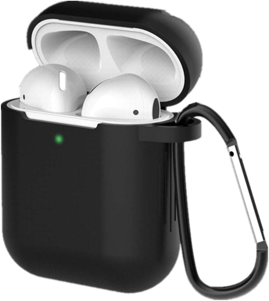 Silicone Case Compatible with Airpods 1 & 2, Shookproof Protective Silicone Wireless Charging Cover with Key Chain (Black)