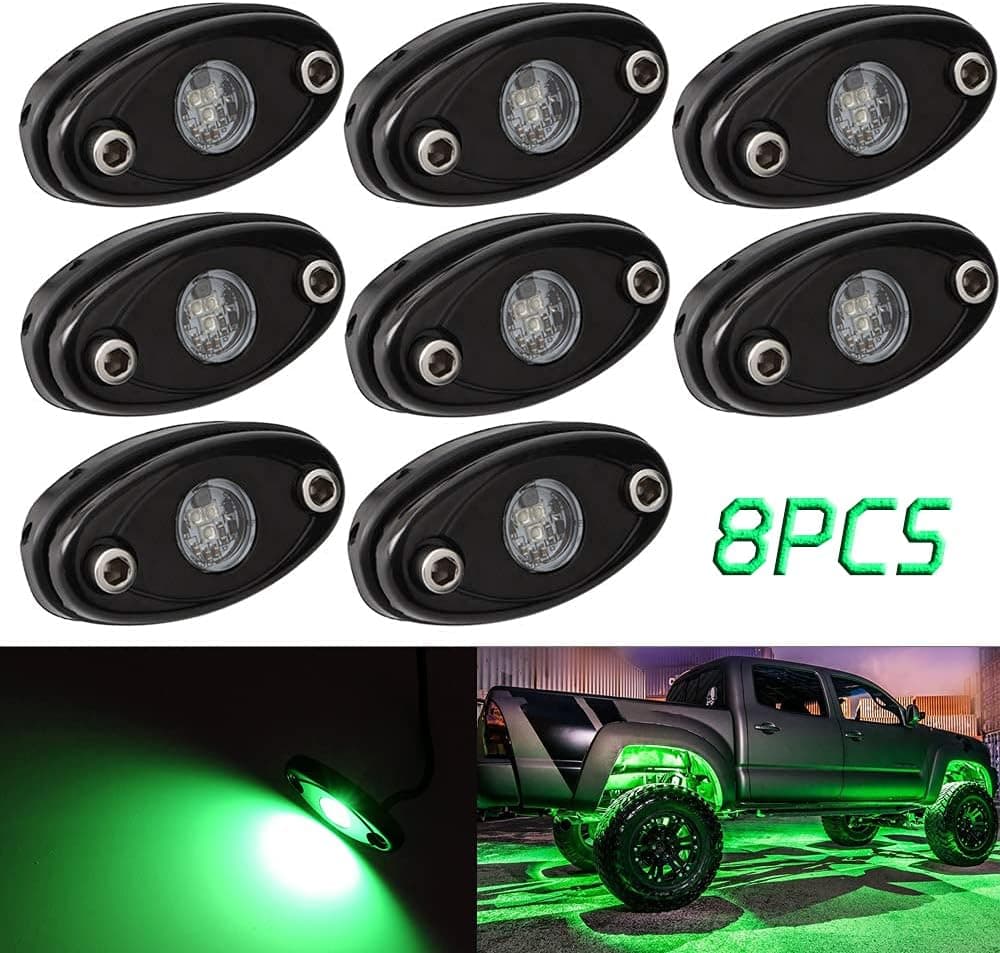 BAOLICY LED Rock Lights Green 8Pods for JK XJ UTV ATV TJ RZR Offroad Truck SUV Car Boat Exterior Shockproof Waterproof High Power Underbody Glow Neon Trail Rig Lamps