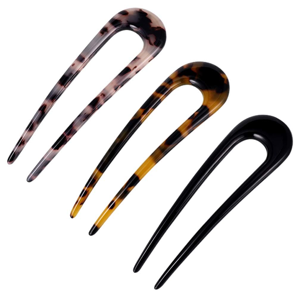 Uspeedy- 3 Pack U Shaped Hair Pin French Style Cellulose Acetate Tortoise Shell Fork Sticks 2 Prong Updo Chignon Pin for women( style 1)
