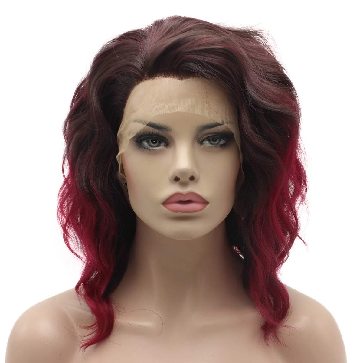 Lace Front Synthetic Wig Medium Length Wavy 14inch Dark Root Burgundy Ombre Wig Stylish Wig