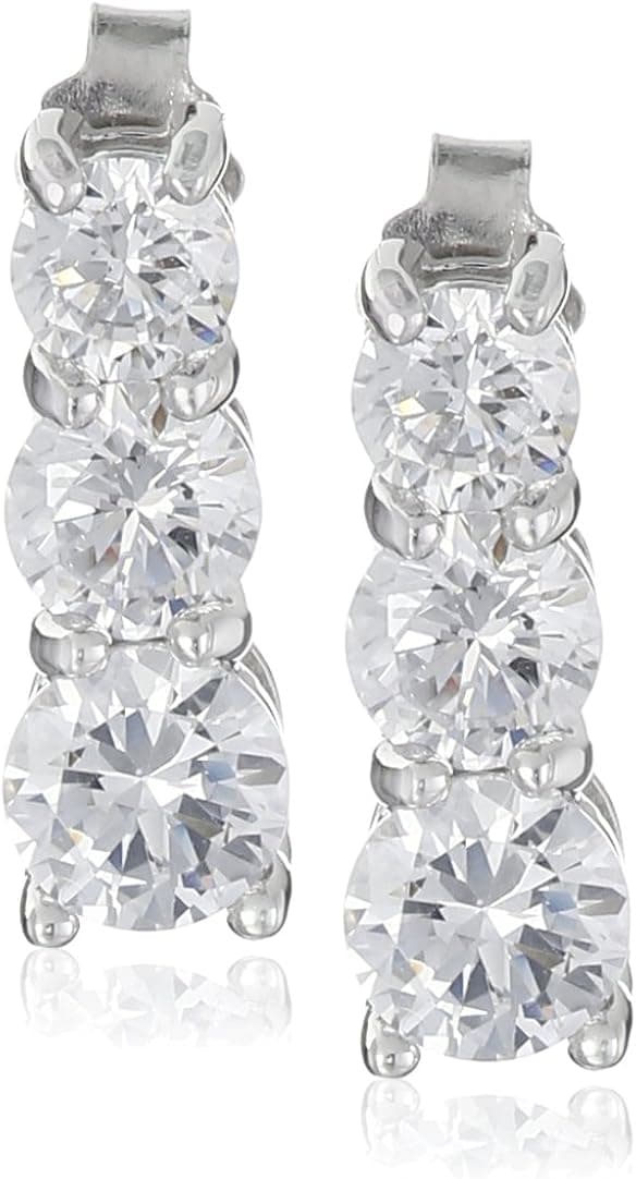 Amazon Collection Three Stone Cubic Zirconia Sterling Silver Drop Earrings