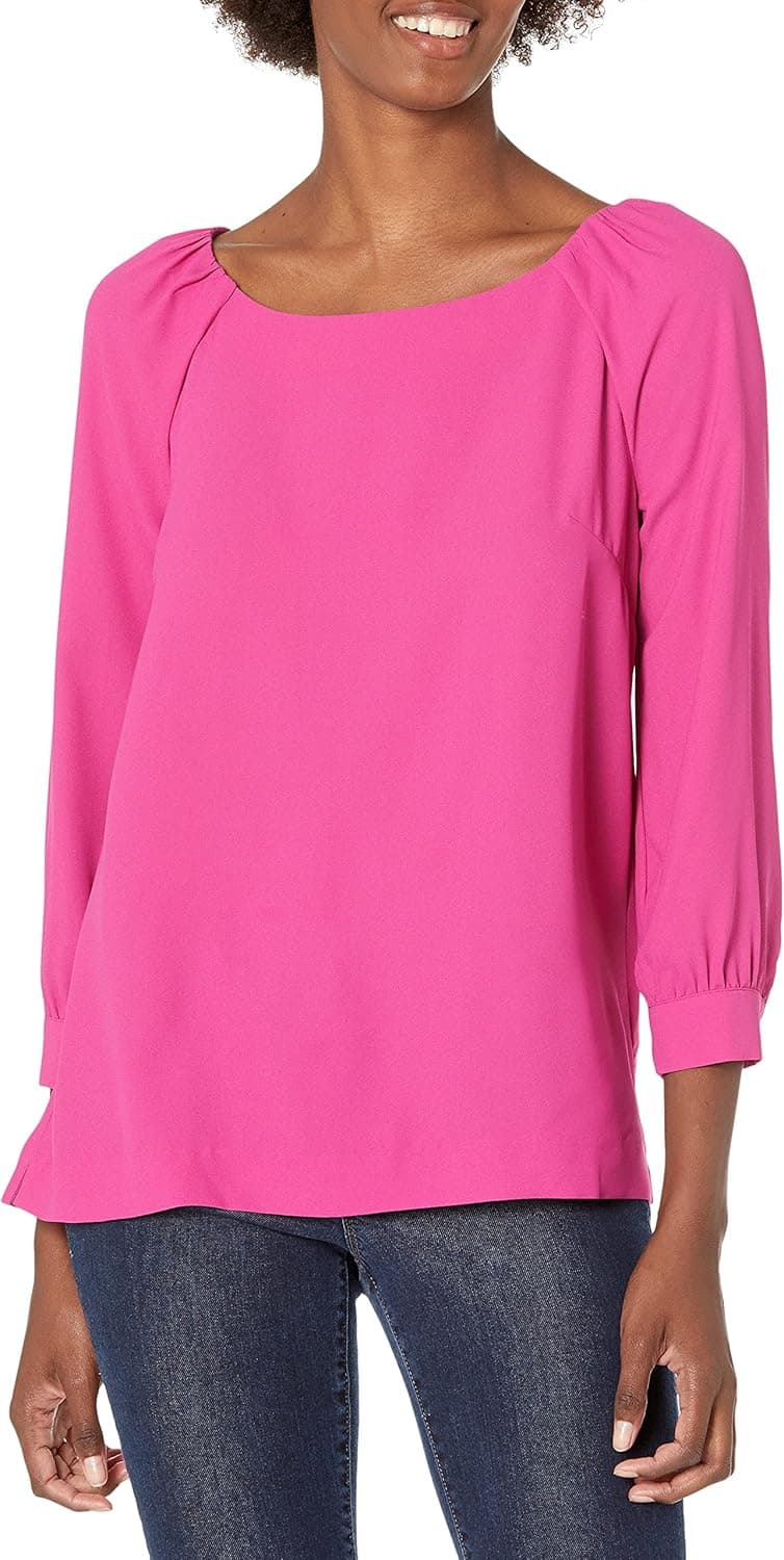 Lark & Ro Women's Three Quarter Sleeve Crew Neck Gathered Blouse
