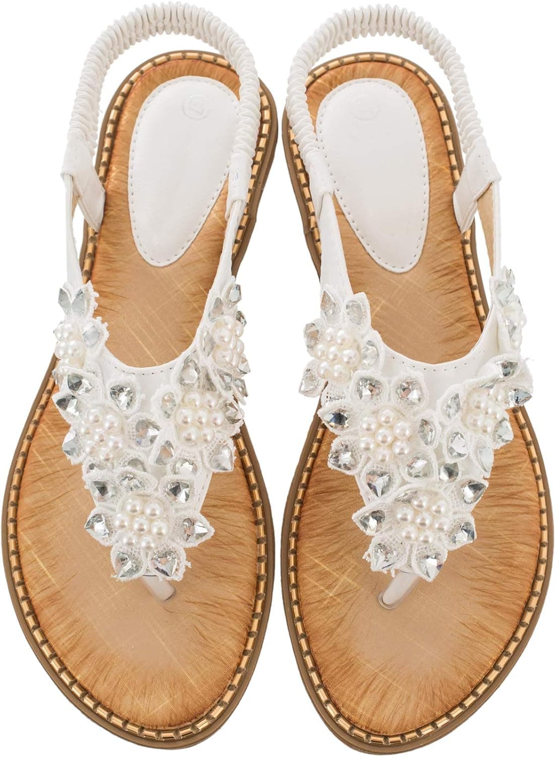 Ruiatoo Women's Sandals Comfort Sandals Casual T-strap Flats Sandals with Rhinestone Flower Flip Flops