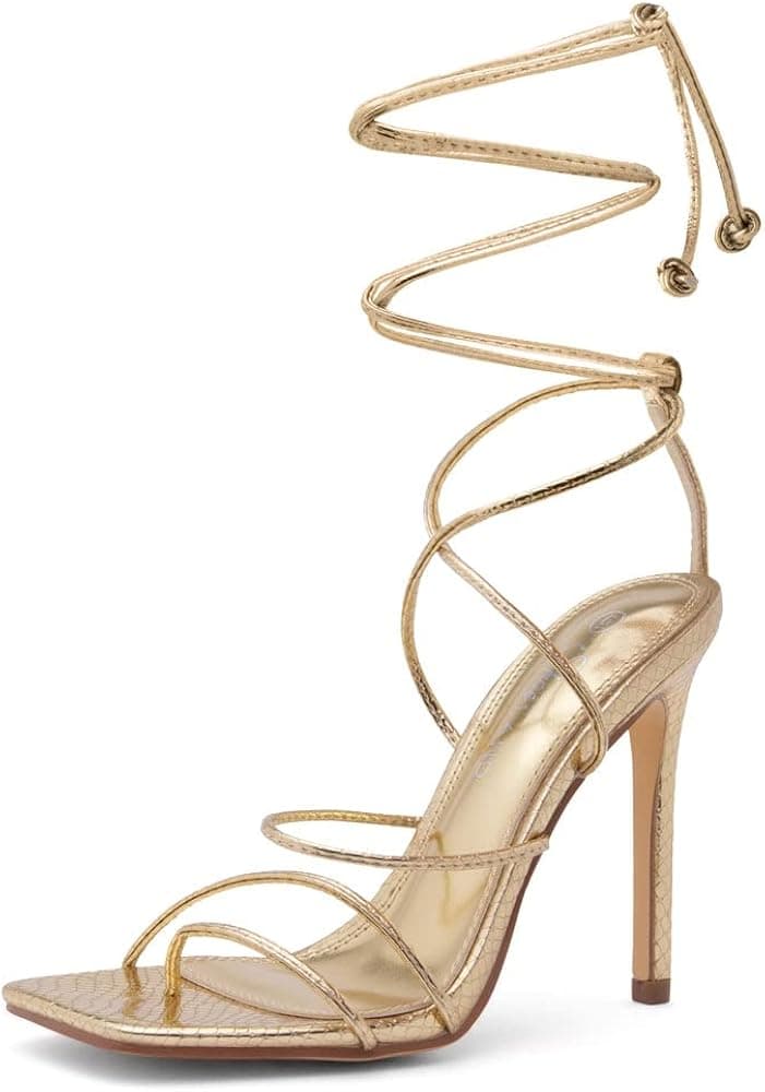 Shoe Land SL-Finely Women's Lace Up Stiletto Heeled Sandals Square Toe Strappy Straps Ankle Wrap Party Shoes