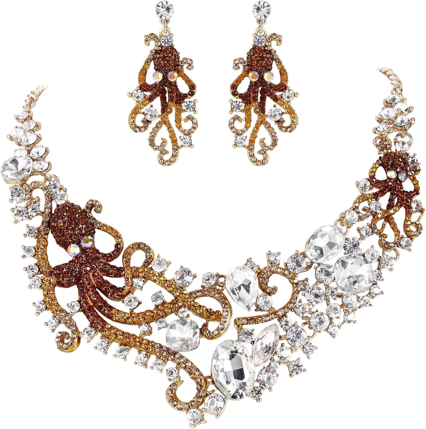 EVER FAITH Rhinestone Crystal Octopus Necklace Earrings Set