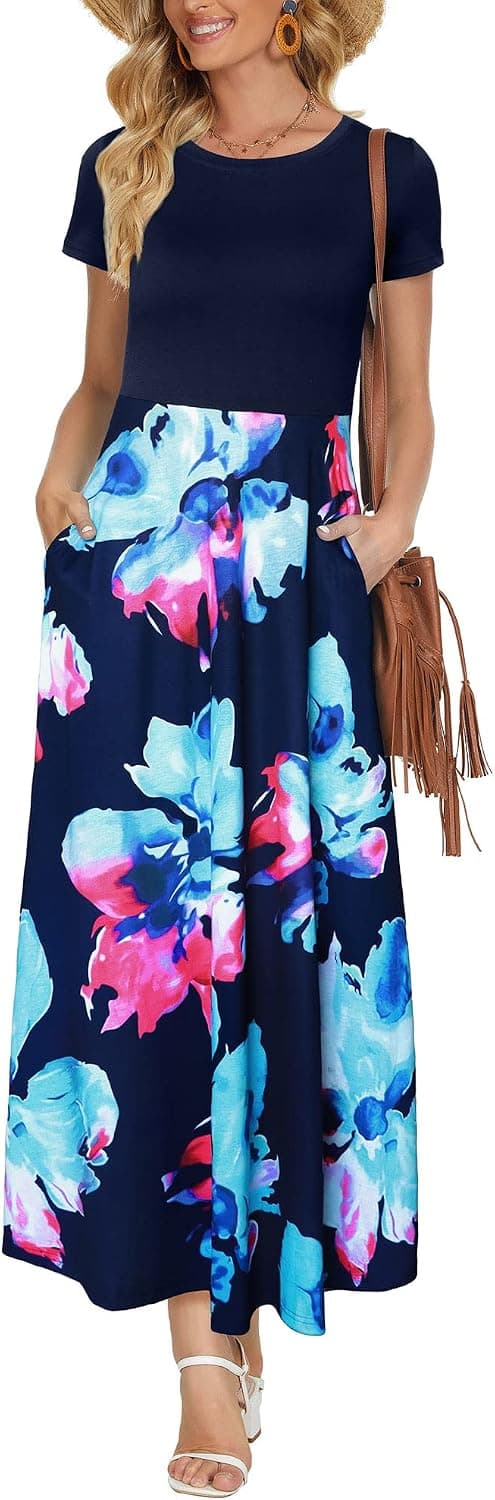 ZABERRY Homecoming Dresses Round Neck Fit Maternity Vacation Dresses for Women Beach Navy Floral L