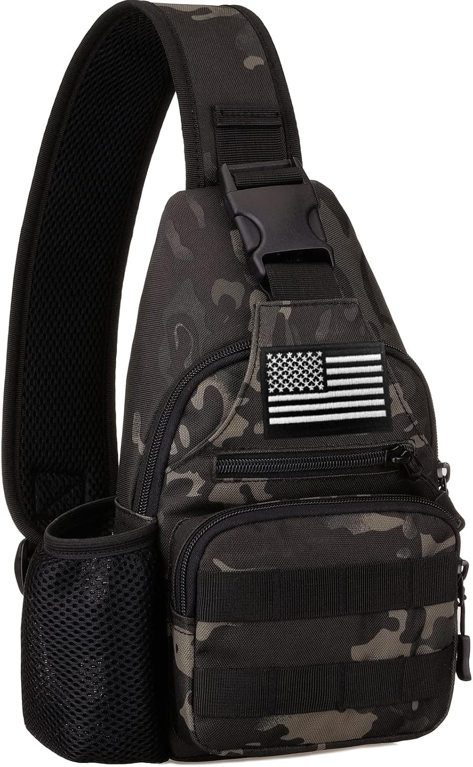 MINGHUICHIC Tactical Sling Bag Military Molle Crossbody Pack Motorcycle Assault Chest Shoulder Backpack (1 Patch Included), BlackCamo