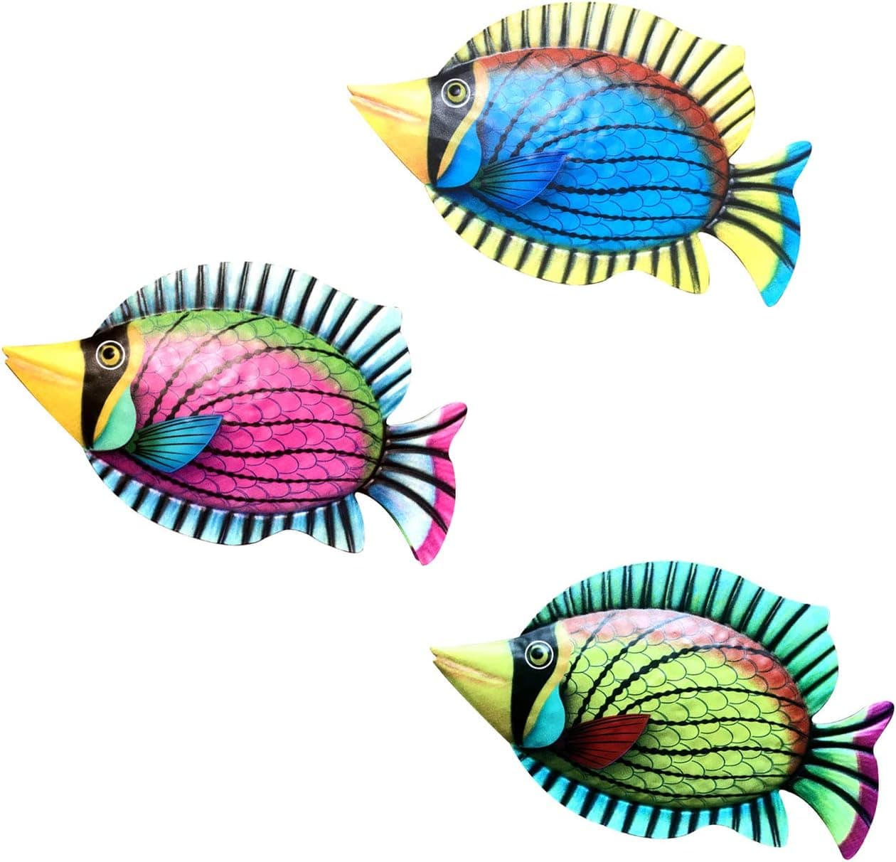 Funlive Set Of 3 Metal Fish Wall Decor, Colorful Fish Art Wall Hanging for Indoor Outdoor Home Bedroom Office