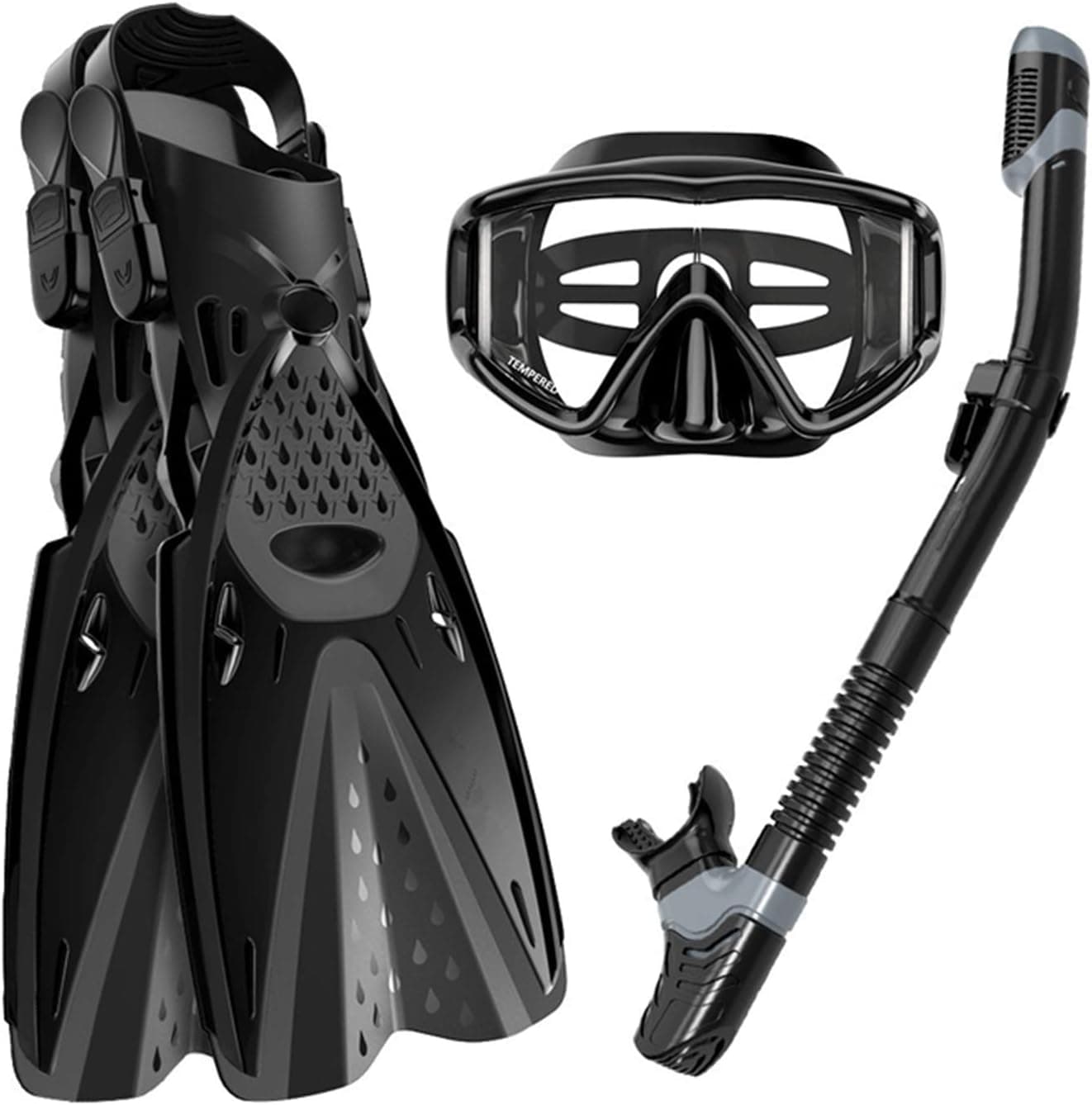 Ertong Scuba Diving Gear Swimming Combo Set Waterproof and Anti-Fog Snorkel Mask+Adjustable Freediving Swimming Fins/Flippers+ Breathing Tube for Adults and Kids