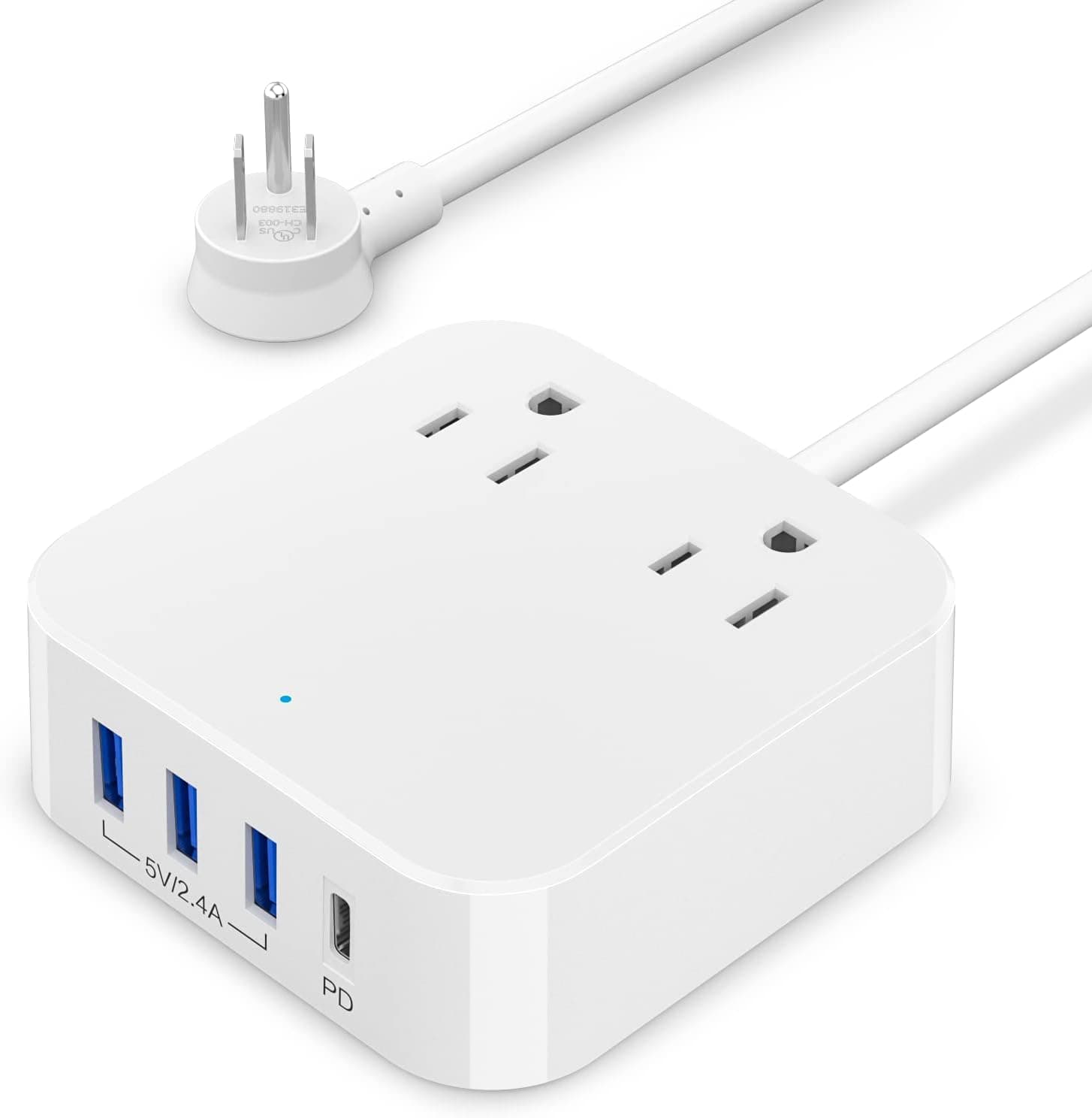 Power Strip with USB C Ports Fast Charge 3A PD 20W 2 AC Outlets and 4 USB Ports USB-C Power Strip with 5FT Extension Cord for Desktop Travel Home Office Hotel Dorm (White)