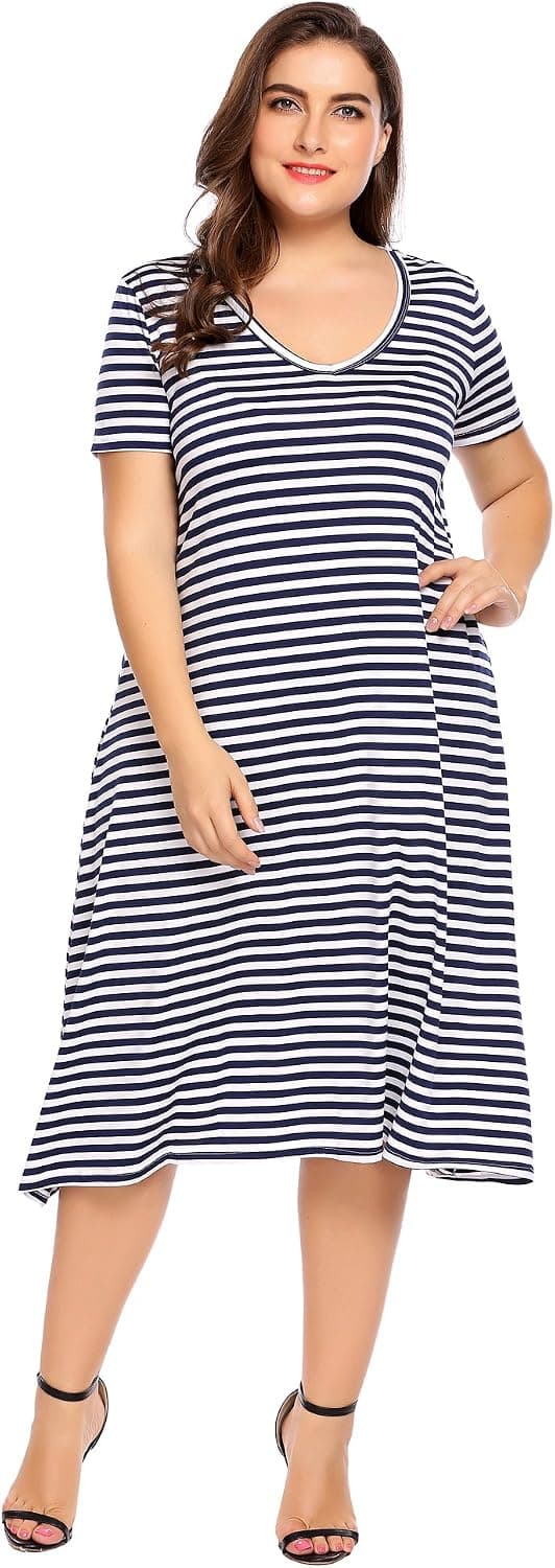 Women Plus Sizes Casual V-Neck Short Sleeve Awing Dress Striped A-Line Midi T-Shirt Dress