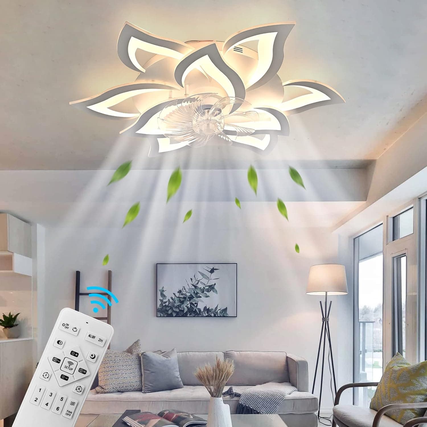 WWahuayuan 31.1 Inch Modern Ceiling Fan with Lights Remote Control, 6 Speed 3 Color Dimmable Ceiling Fan Lamp Silent Fandelier with Invisible Blades for Living Room Bedroom Home Decoration (Flower-A)