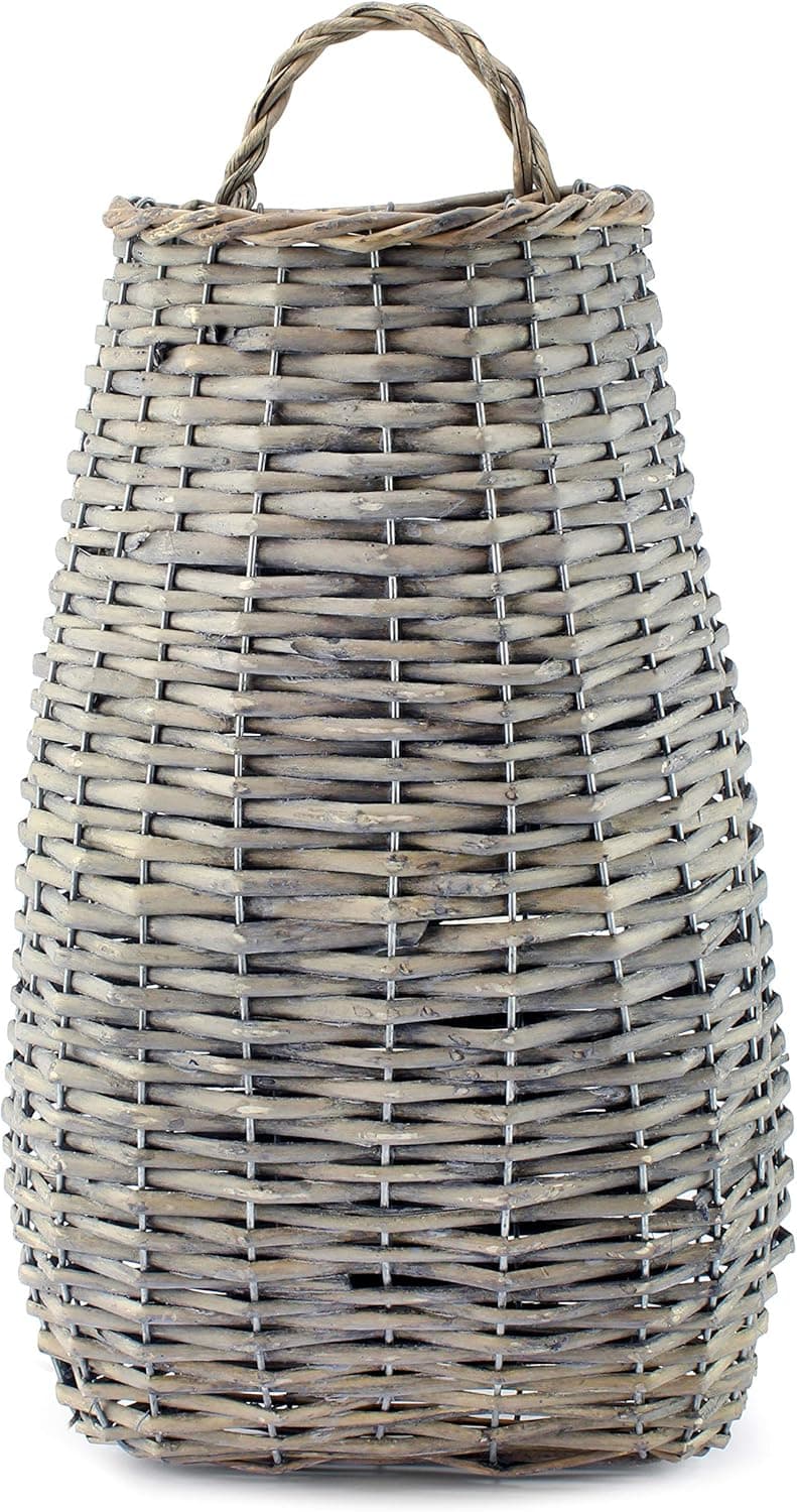 AuldHome Wall Hanging Pocket Basket; Woven Wicker Rustic Farmhouse Gray Washed Long Basket; 17 x 9 x 5 Inches