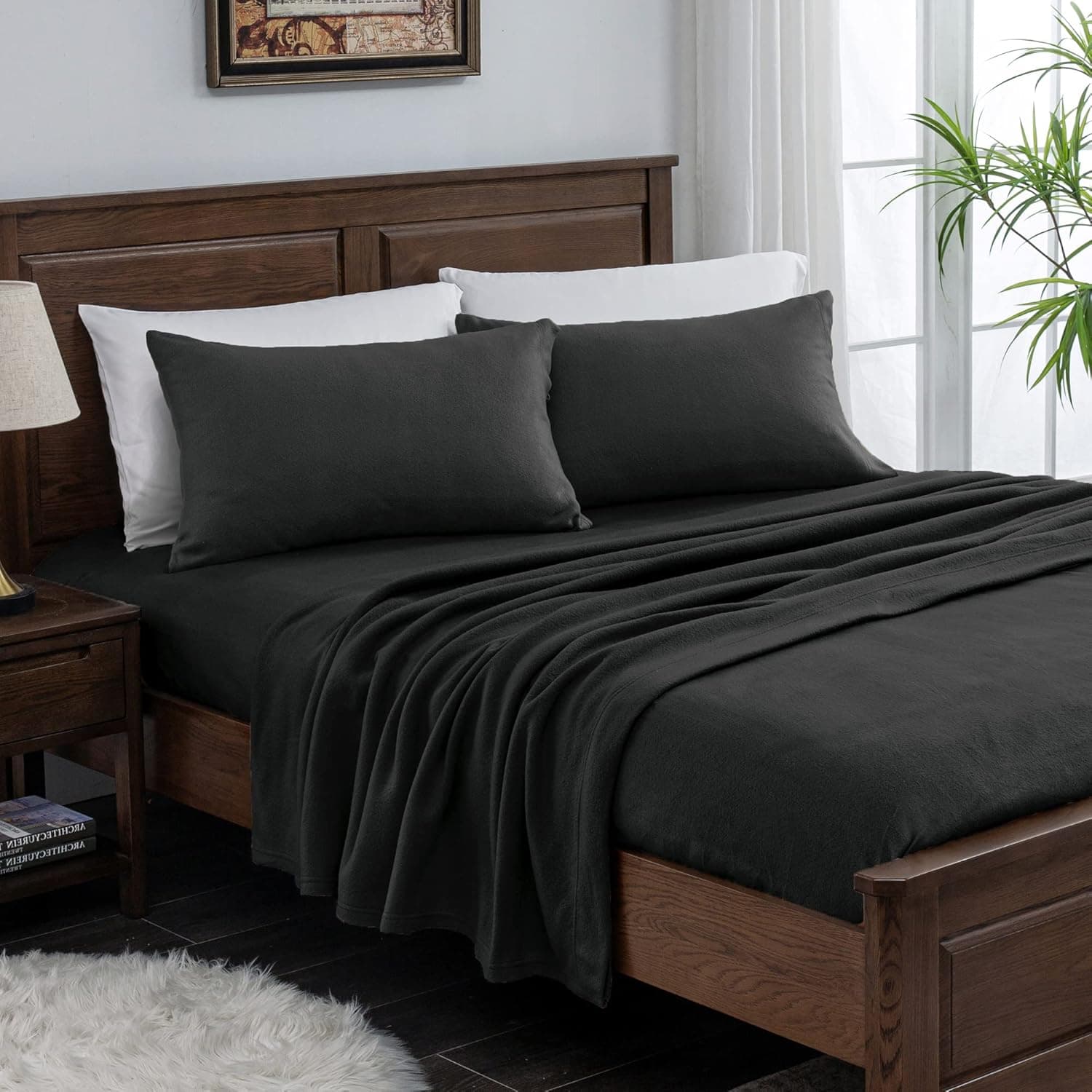 softan Fleece Twin Sheets Set 3-Piece Fuzzy Bed Sets with 16" Deep Pocket Fitted Sheet, Flat Sheet and Pillowcase，Black
