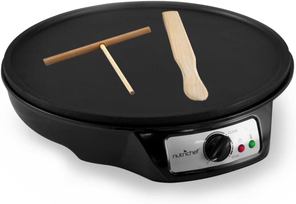 NutriChef Aluminum Griddle Hot Plate Cooktop - Nonstick 12-Inch Electric Crepe Maker w/ LED Indicator Light and Adjustable Temperature Control, Wooden Spatula and Batter Spreader Included - NutriChef