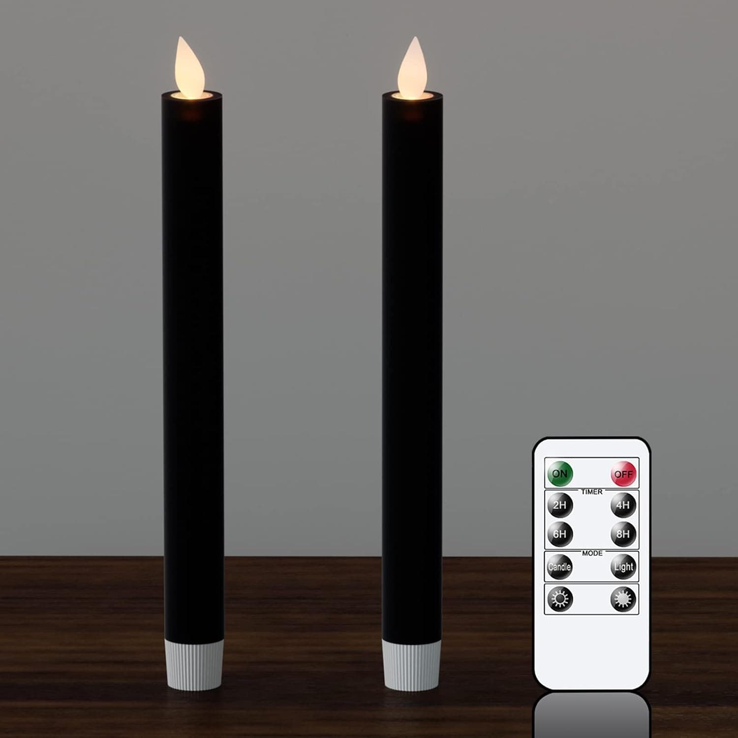 DRomance Flameless Taper Candles with Remote and Timer, 2 Pack Black Moving Wick LED Flickering Taper Candles Battery Operated 0.78 x 9.5 Inches Real Wax Yellow Light Wedding Christmas Decoration