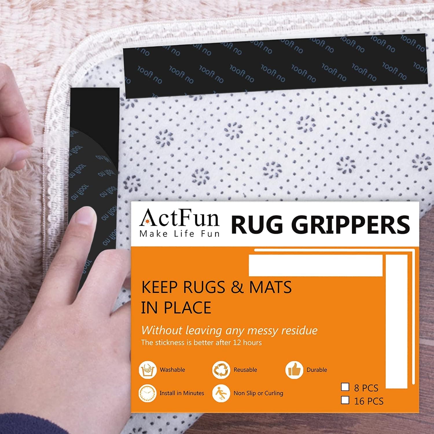 ActFun 16 pcs Rug Grippers Tape, Non Slip Reusable Washable Rug Tape for Area Rugs, Floor Mats, Hardwood Floors, Tile Floors, Linoleum, Carpets, Black(not Suitable for Rubber or Silicone Materials)