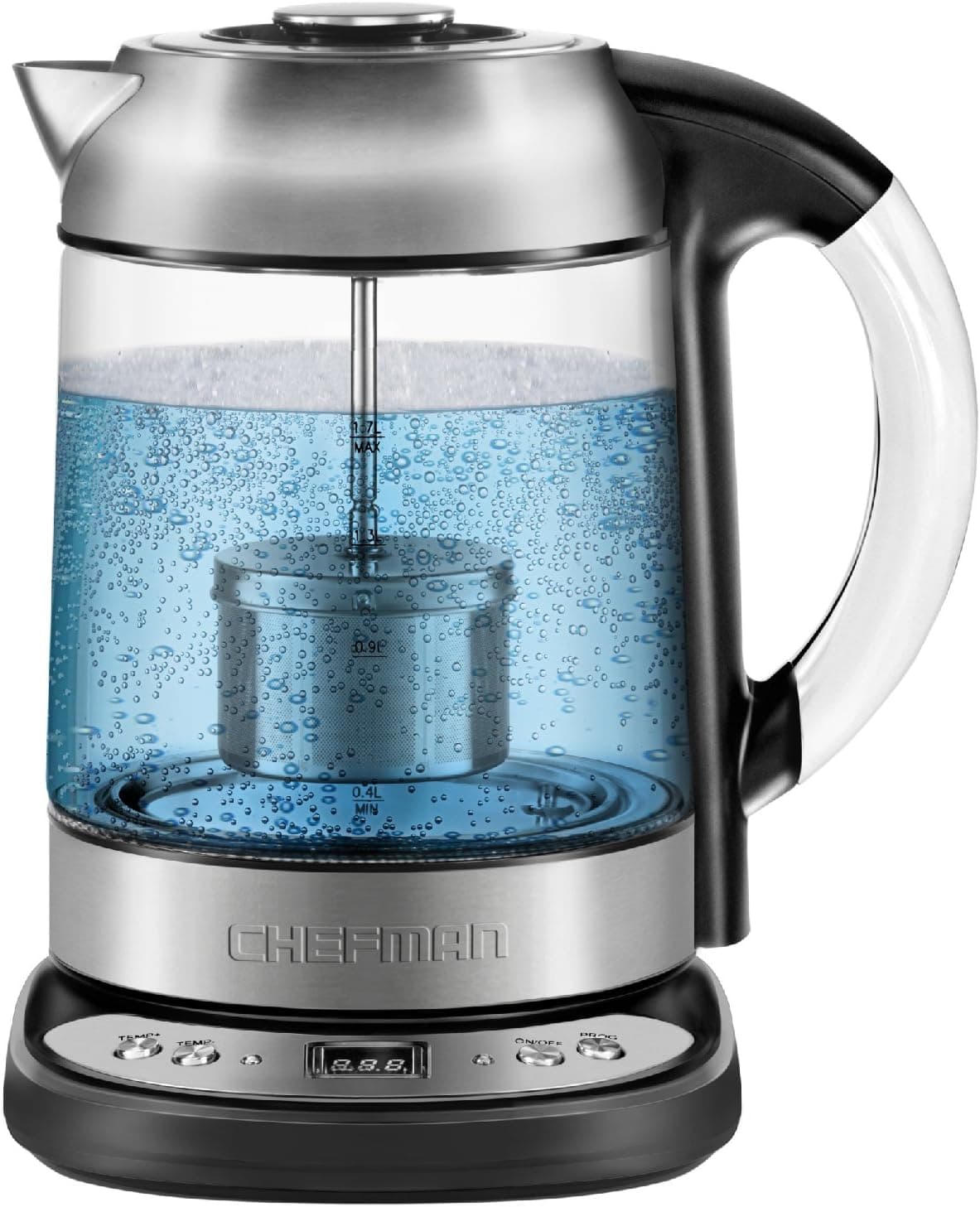 Chefman Electric Glass Digital Tea Kettle with Free Infuser/Steeper, Built-in Precision Temperature Control Panel Base & Keep Warm Function, 1.7 Liter/1.8 Quart
