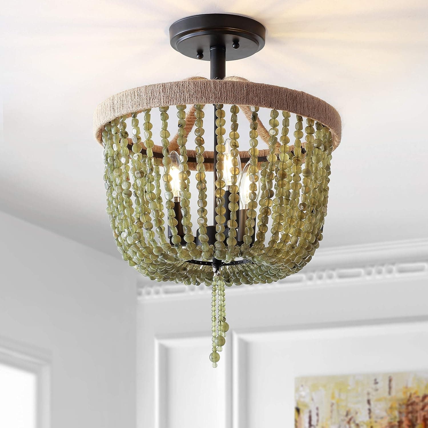 Safavieh FLU4040A Davin Green and Black Beaded 3-Light (LED Bulbs Included) Flush Mount