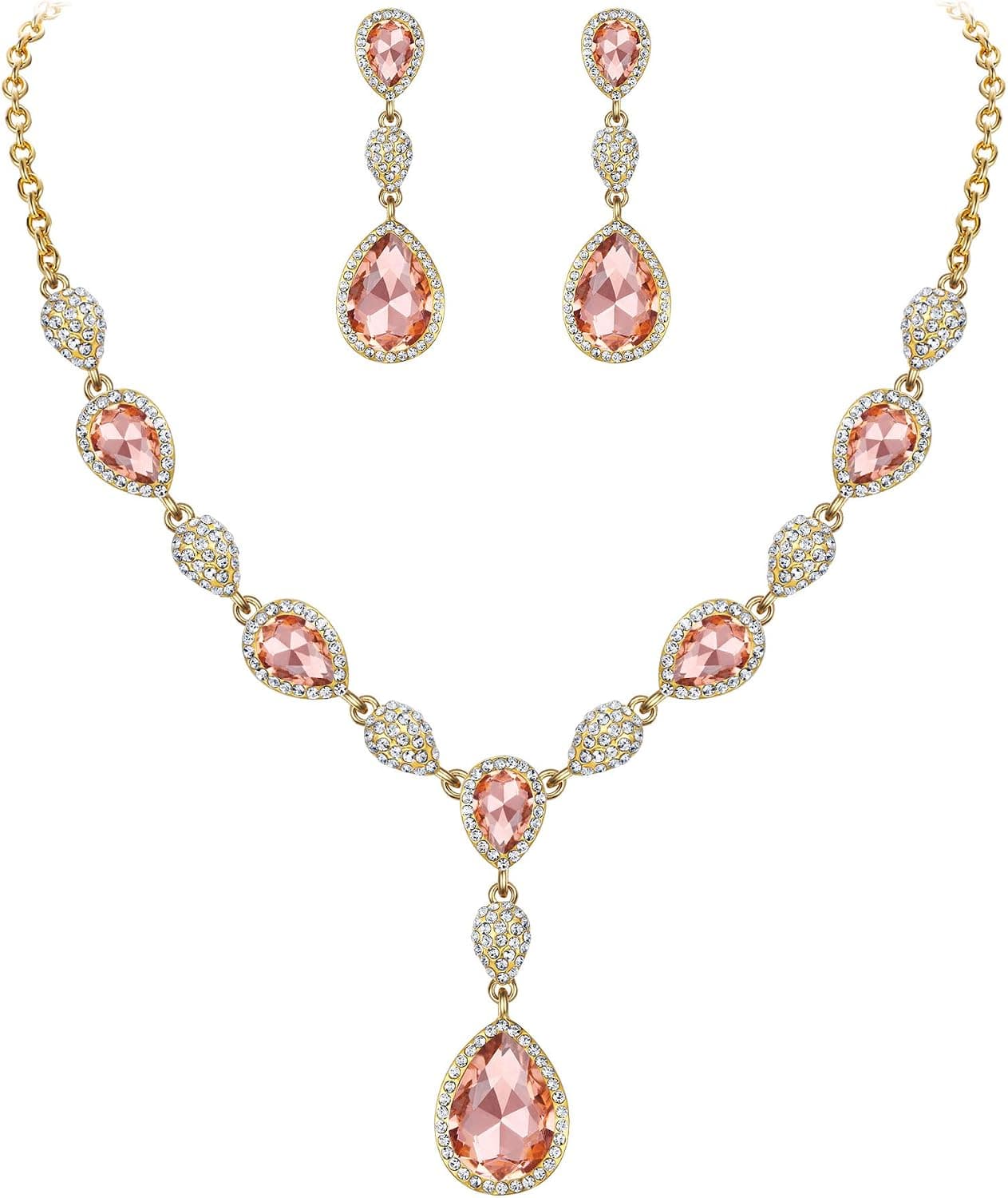 EleQueen Women's Cubic Zirconia Teardrop Y-Necklace Dangle Earrings Sets for Bride Bridesmaids Champagne Gold-Tone