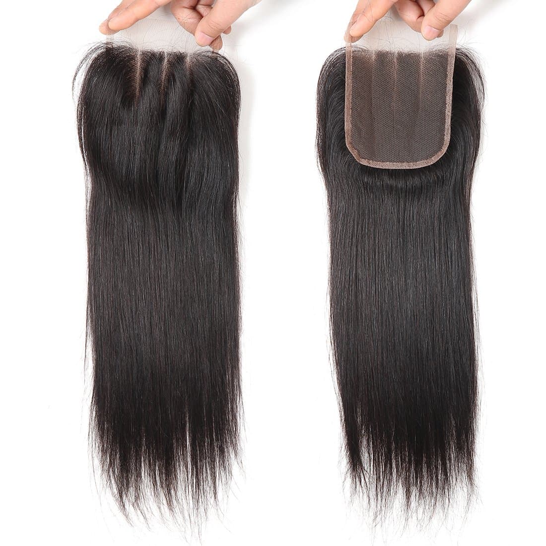 West Kiss Straight Brazilian Virgin Human Hair 4x4 Closure Three Part Hair Extension Natural Black Color (16 inch with free bangs)