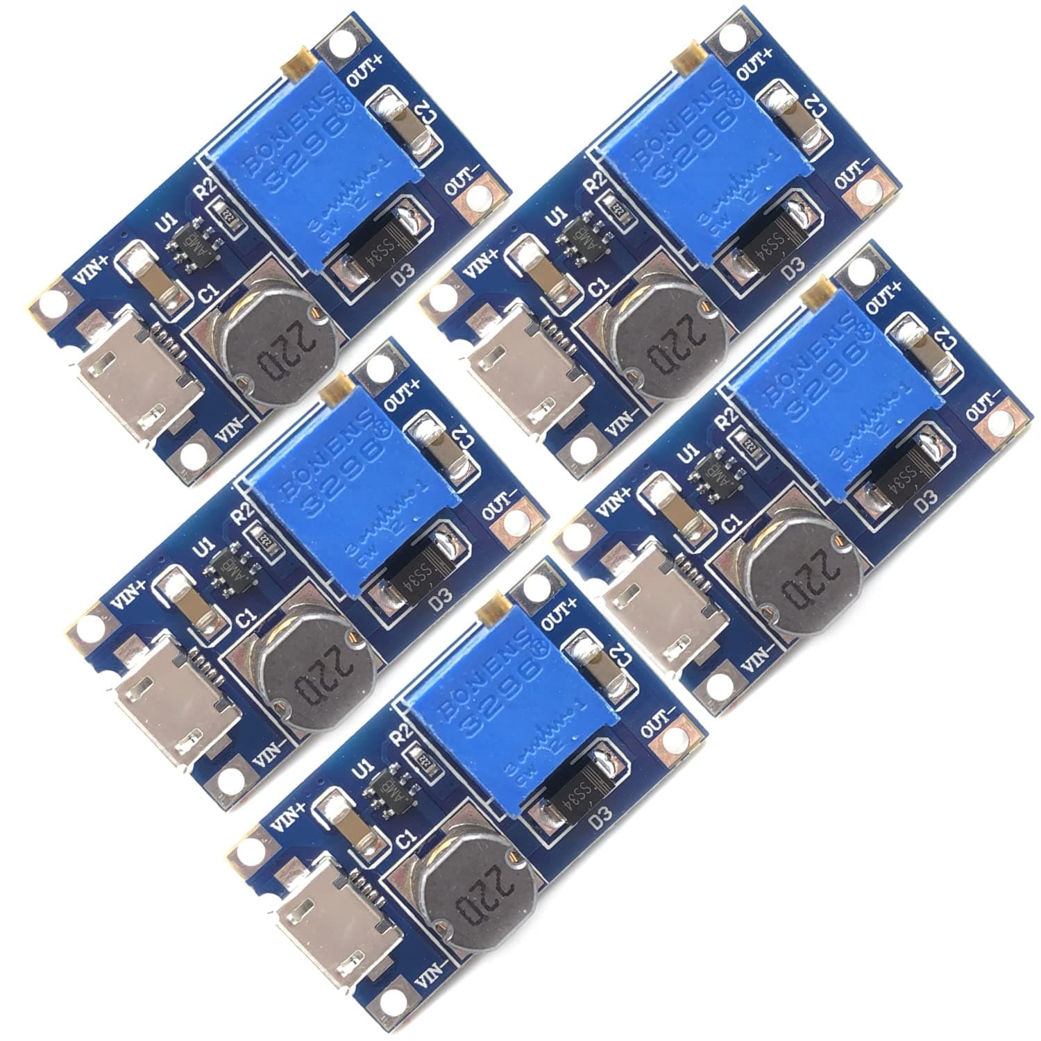 DEVMO 5 PCS DC-DC Voltage Regulator Step-Up Boost Converter Power Supply Board 2V-24V to 5V-28V 2A for MT3608 with Micro USB