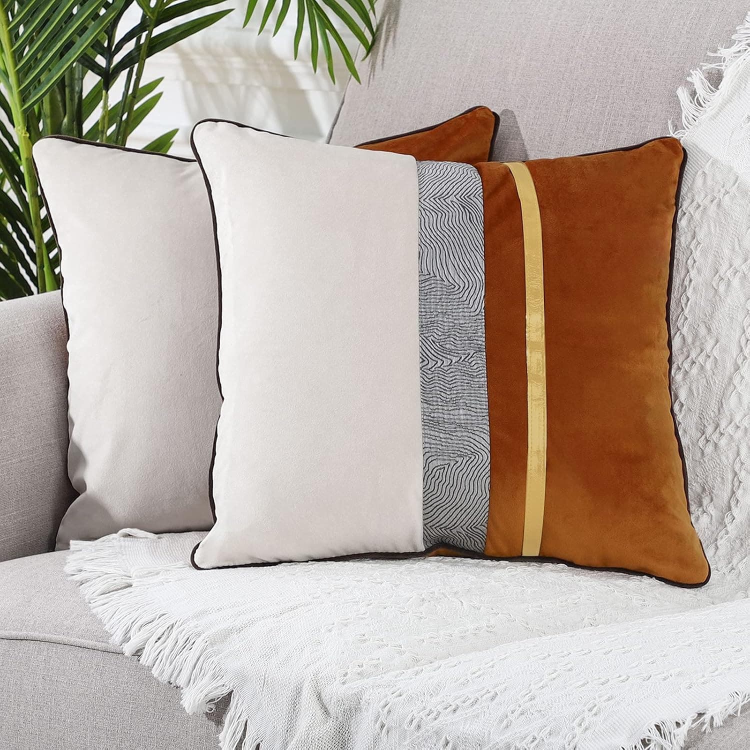 Yaertun Pack of 2 Patchwork Velvet Square Decorative Throw Pillow Cover with Gold Striped Leather Cushion Cases Modern Luxury Pillowcases for Couch Sofa Bed 22x22 Inches Orange