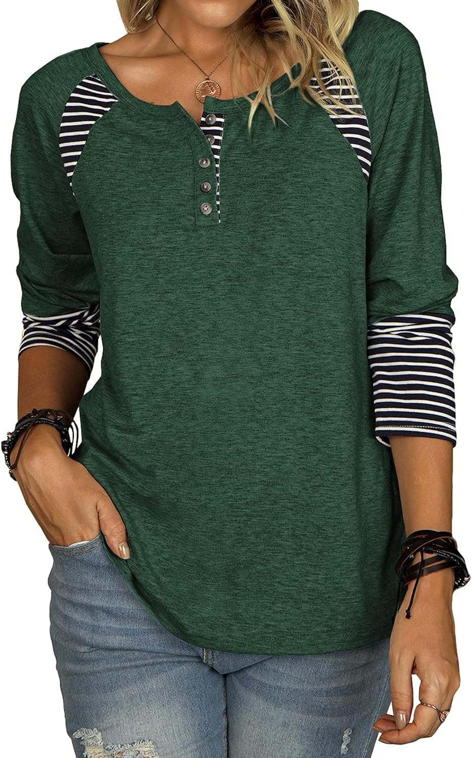 Bakoliza Womens Long Sleeve Tops Blouse Casual Striped Button Down V Neck Henley Shirts