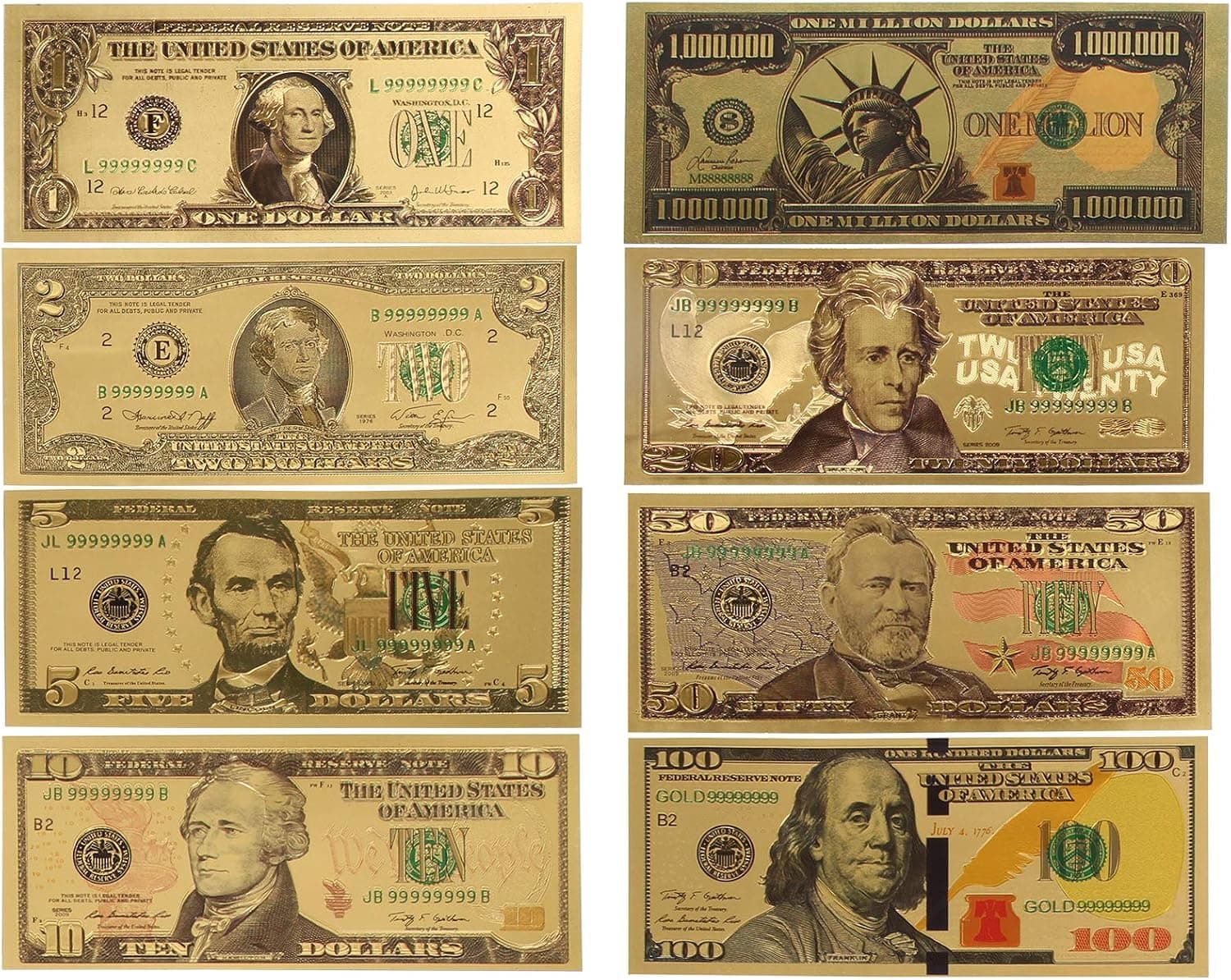 ICObuty Gold Foil Polymer Paper Money 8 PCS $1 $2 $5 $10 $20 $50 $100 $1 Million USD banknotes 1:1 Size 3D Crafts Gift