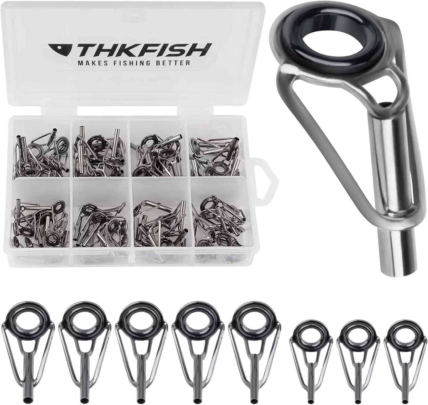 THKFISH Rod Tip Repair Kit Rod Repair Kit Fishing Rod Tips Stainless Steel Ceramic Ring Guide Rod Repair Replacement 30pcs/80pcs,Eyelets Repair Kit with Glue 42PCS 6Sizes