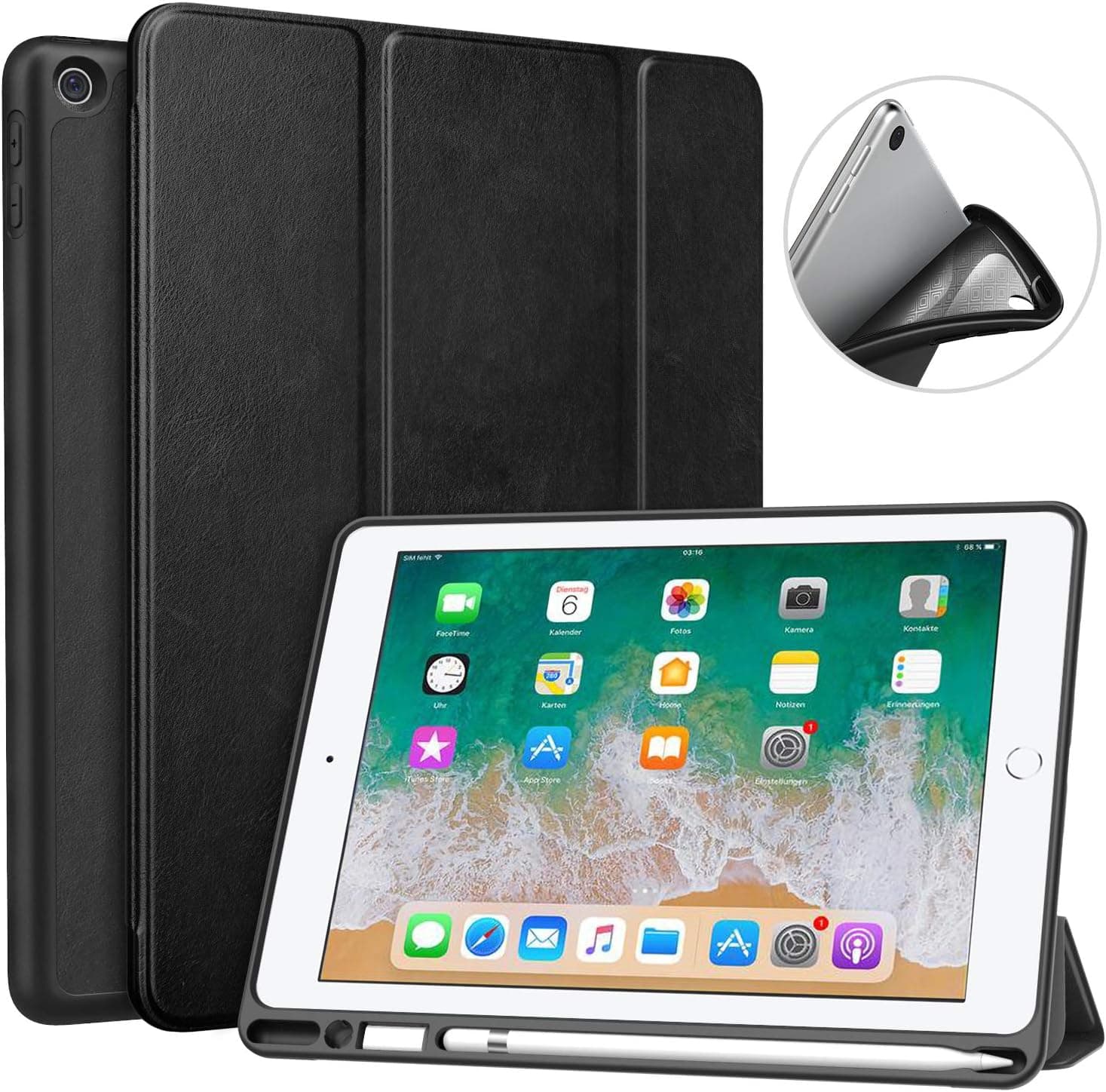 MoKo Case Fit 2018 iPad 9.7 6th Generation with Pencil Holder - Slim Lightweight Smart Shell Stand Cover Case with Auto Wake/Sleep Fit iPad 9.7" 2018 Released (A1893/A1954), Black