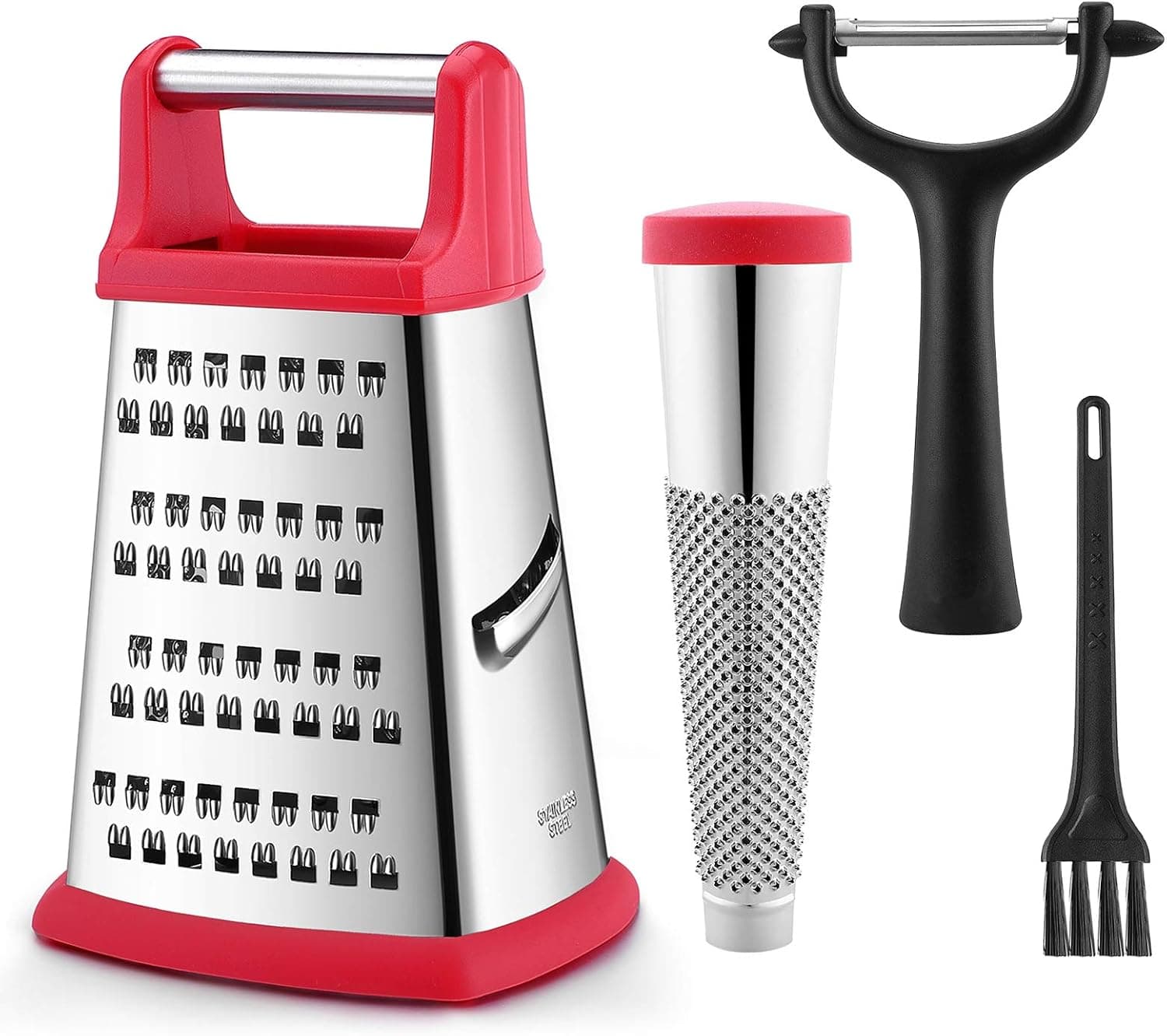 Professional Box Grater Set of 4, GUANCI Cheese Grater 8" Stainless Steel with 4 Sides Lemon Grater for Parmesan Cheese, Vegetables, Ginger, with Vegetable Peeler and cleaning brushes