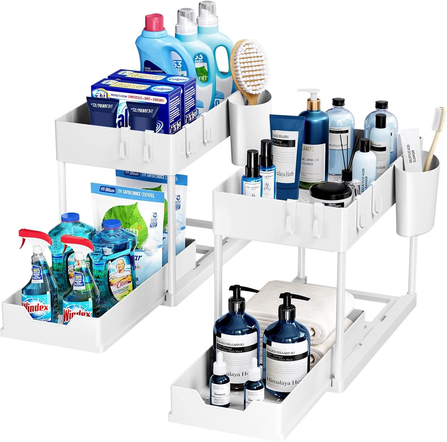 Puricon 2 Pack Under Sink Organizers and Storage Pull Out Sliding Drawer, 2 Tier Multi-purpose Kitchen Under the Sink Organizer Under Bathroom Sink Shelf Storage Rack for Countertop Laundry -White