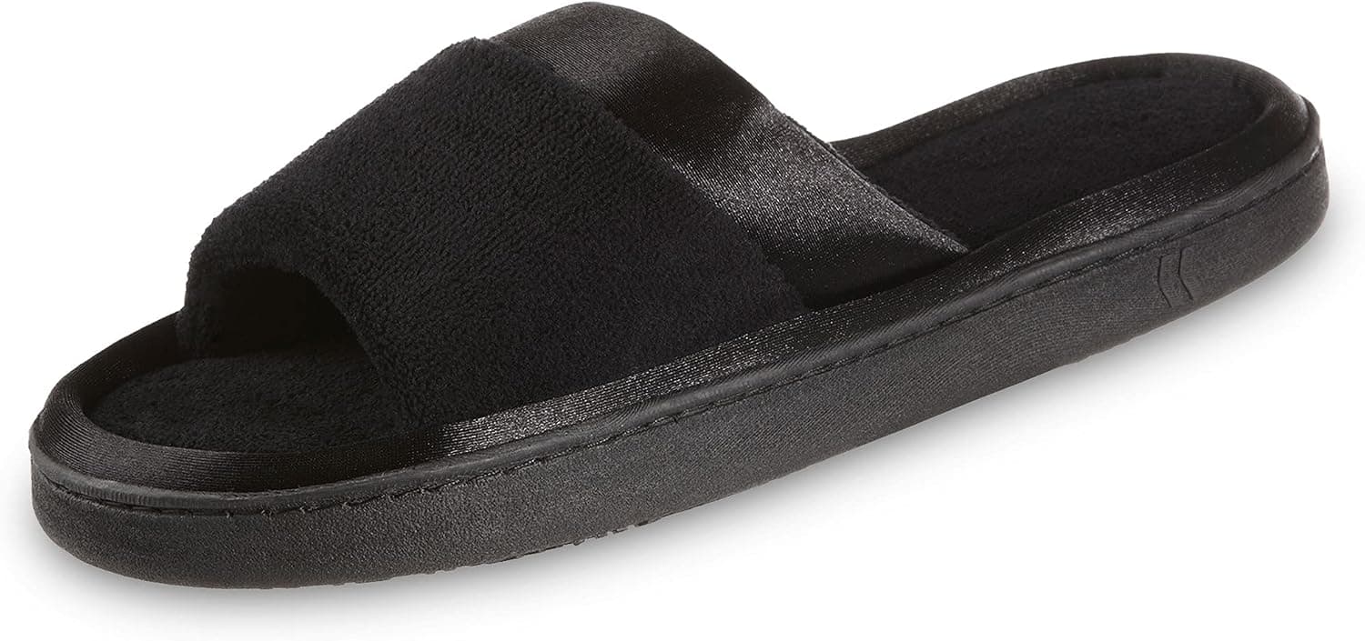 isotoner Women's Soft Microterry Wider Width Slide Slippers, with Satin Trim and Comfort Footbed