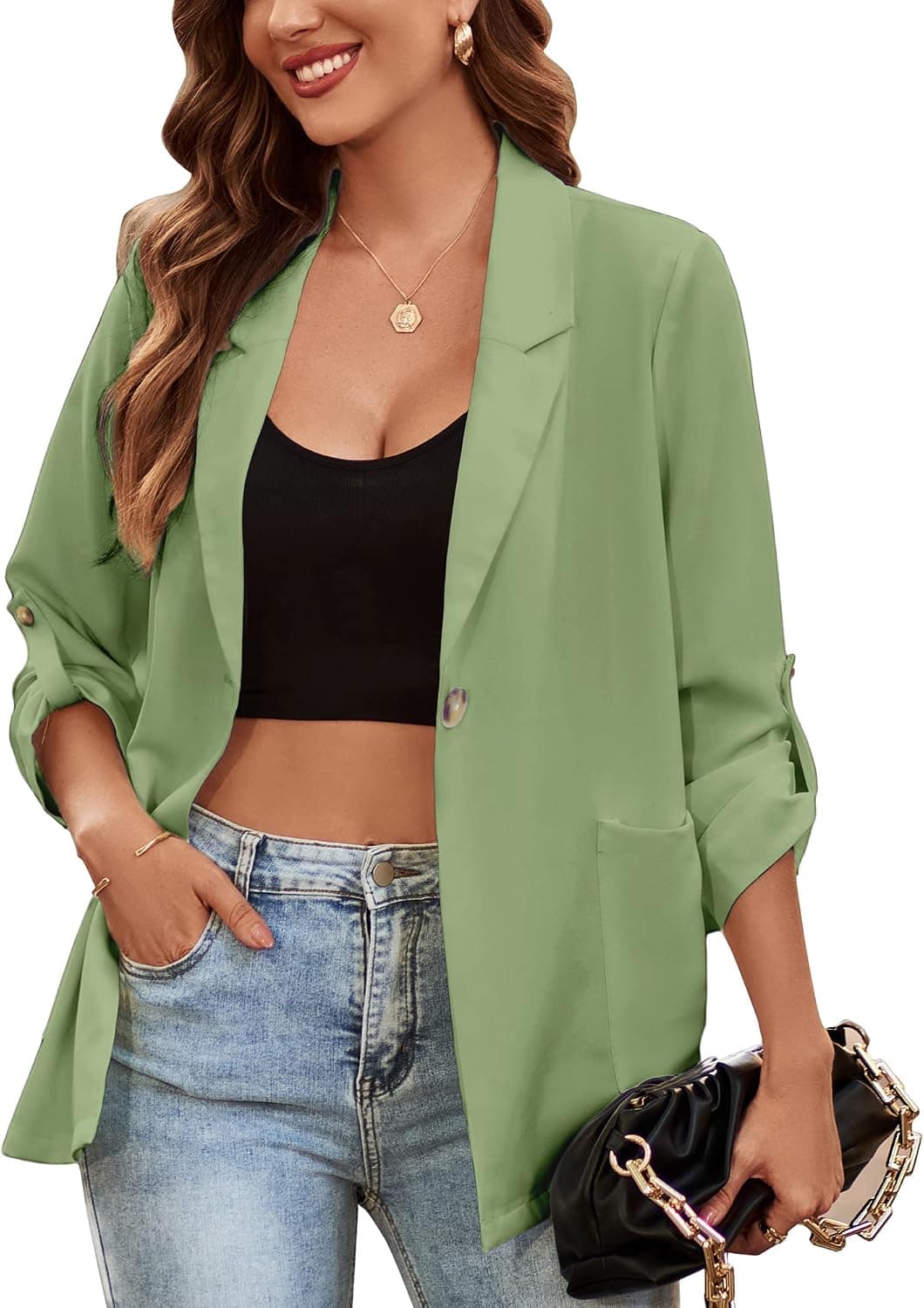 OUGES Women Casual Open Front Blazer Long Sleeve Lapel Button Work Office Oversized Blazer Jackets