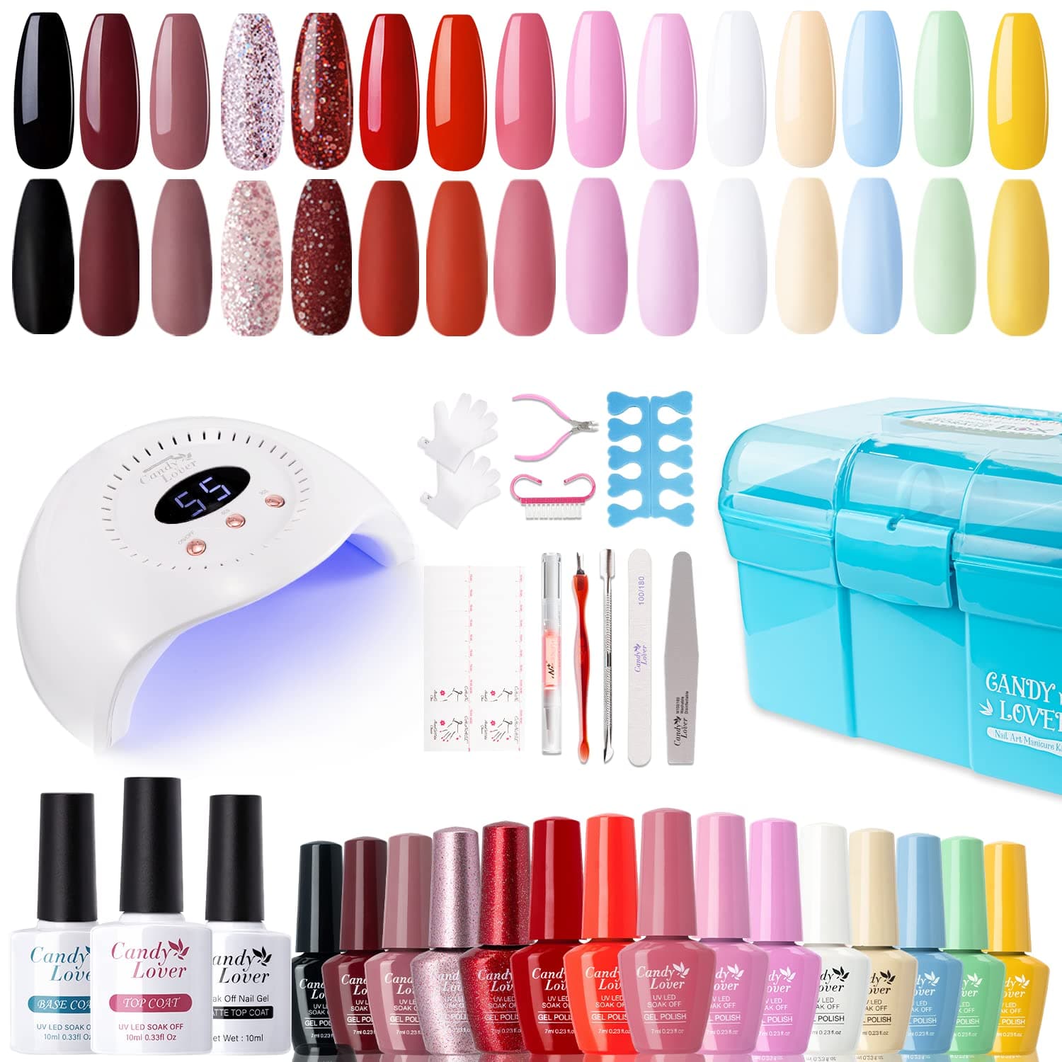 Candy Lover Gel Nail Polish Kit with 72W UV Light Nail Lamp, 15 Colors with Base Top Coat Matte Coat Soak Off Gel Polish Set, Gel Nail Kit Art Accessories Storage Case, Nail Art Gift for Girls Women