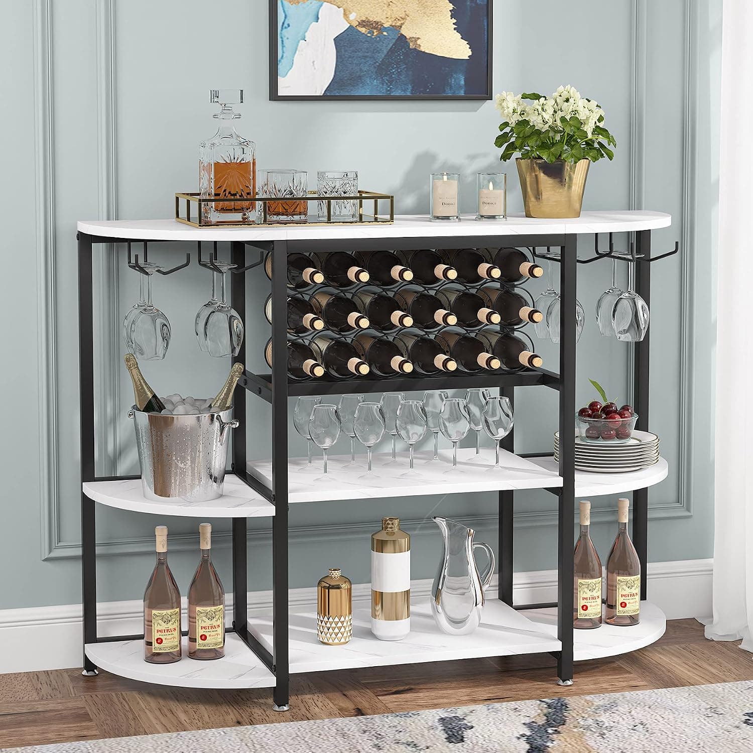 Tribesigns Wine Rack Table, 47 Inch Modern Wine Bar Cabinet with Storage, Freestanding Floor Bar Cabinet for Liquor and Glasses for Home Kitchen Dining Room, White