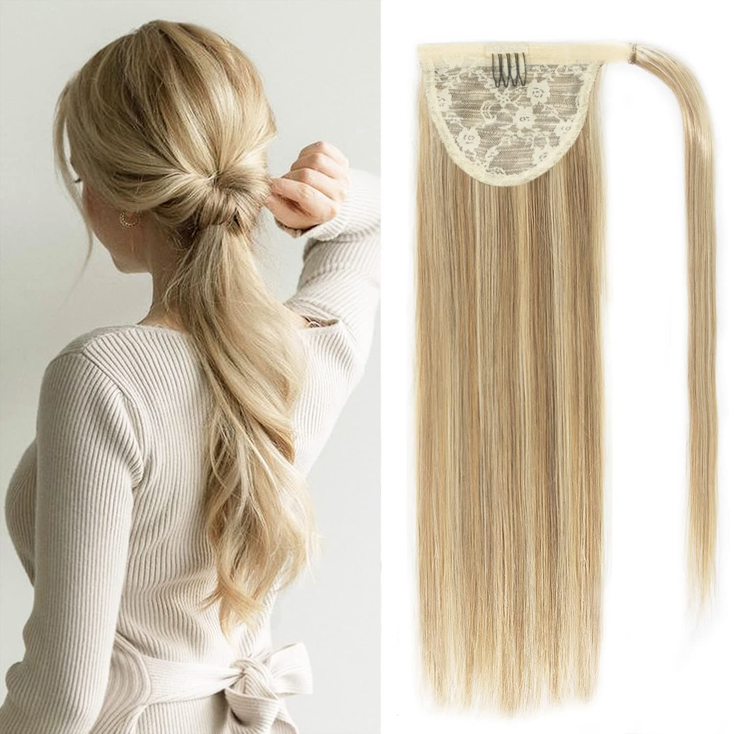 Ponytail Extension Human Hair Ponytail Extension Hair Extensions Ponytail Hairpieces Clip In Extensions Beroyal 100% Real Hair Extensions Ponytail Light Blonde and Bleach Blonde 14 Inch Remy Straight Human Hair Ponytail Extension Wrap Around Ponytail Human Hair
