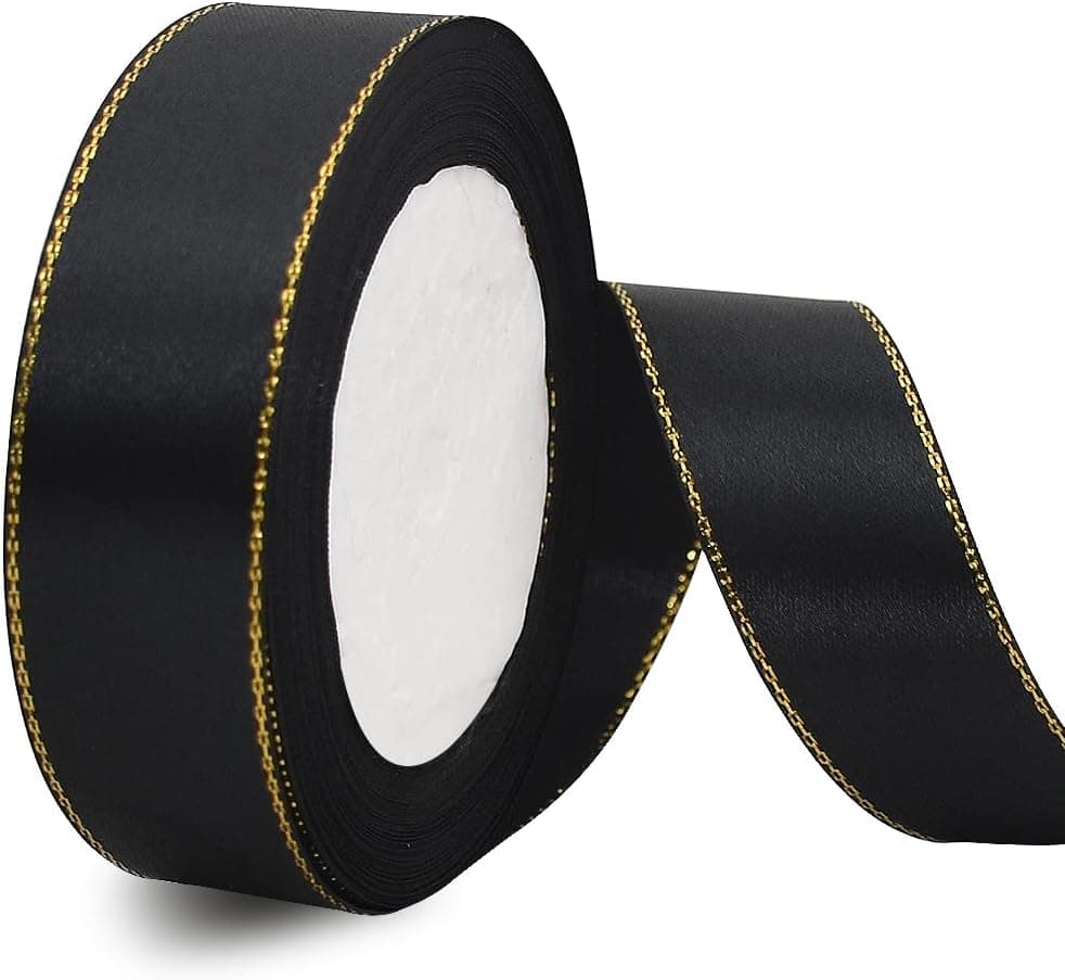 TONIFUL 1 Inch x 25 yds Thin Black and Gold Satin Ribbon with Gold Edges Border Fabric Ribbons for Gift Wrapping Wedding Birthday Cake Decoration Floral Craft Bow Making Valentine's Day Bouquet