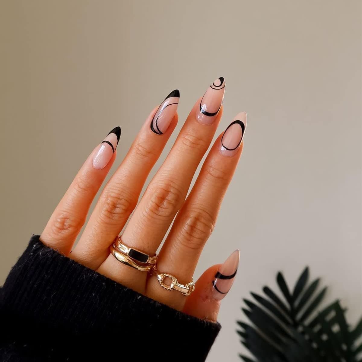 Press on Nails Almond Fake - False Nude Color Acrylic Nail Artificial Medium Length Glue Sticker Professional Salon Natural Design Cute for Women 24pcs