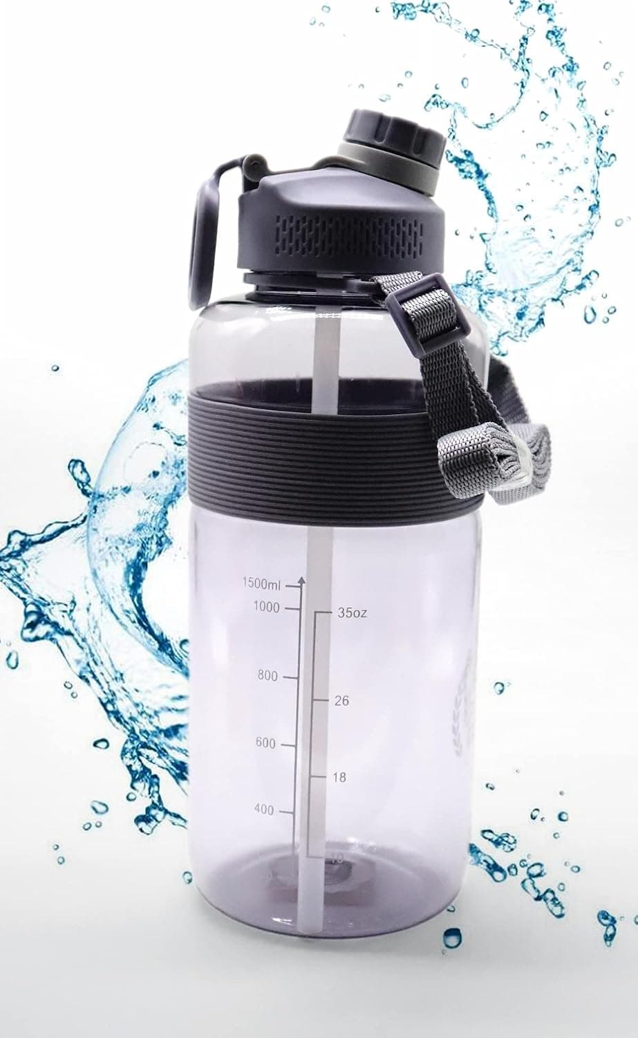 Water Bottle with Straw and Handle 50 oz，Leakproof BPA Free Drinking Sport Water Bottle，Drinking both From Lid Mouth and Straw for Fitness and Outdoor Enthusiasts. (Grey)