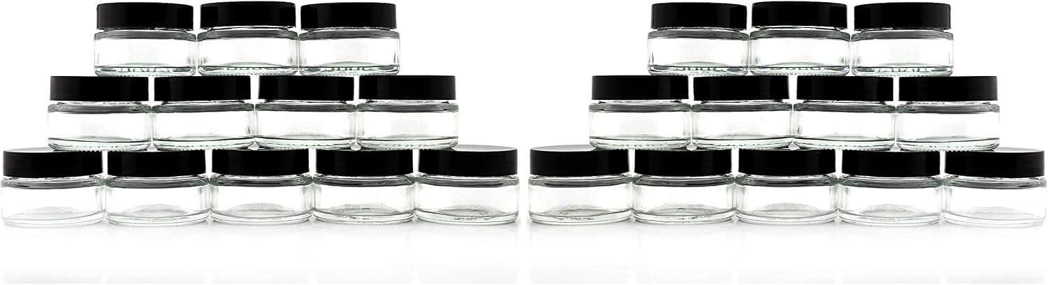 15-Milliliter Clear Glass Balm Jars (24-Pack); 1/2 oz Cosmetic Jars with Lined Black Plastic Lids