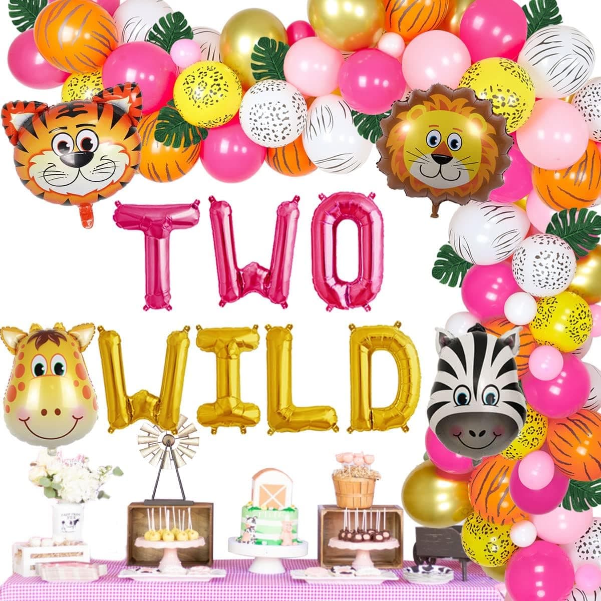 Jungle Theme 2nd Birthday Party Supplies for Girls - Two Wild Birthday Decorations 80 Packs Safari Balloon Garland Arch Kit Pink Rose Red with Green Artificial Palm Leaves