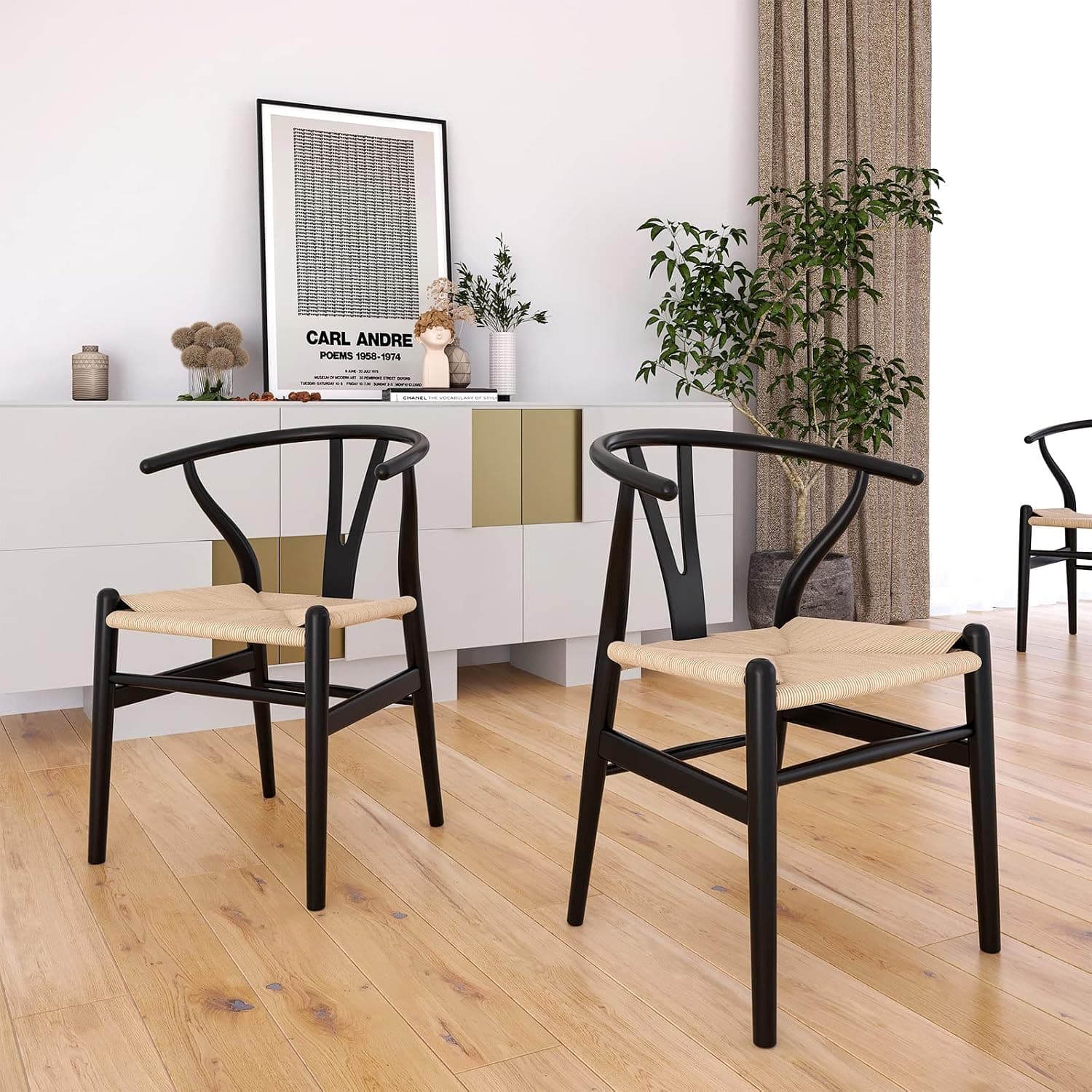 STARY Solid Wood Wishbone Dining Room Chairs Set of 2 with Natural Weave Hemp Seat, Fully-Assembled, New Black