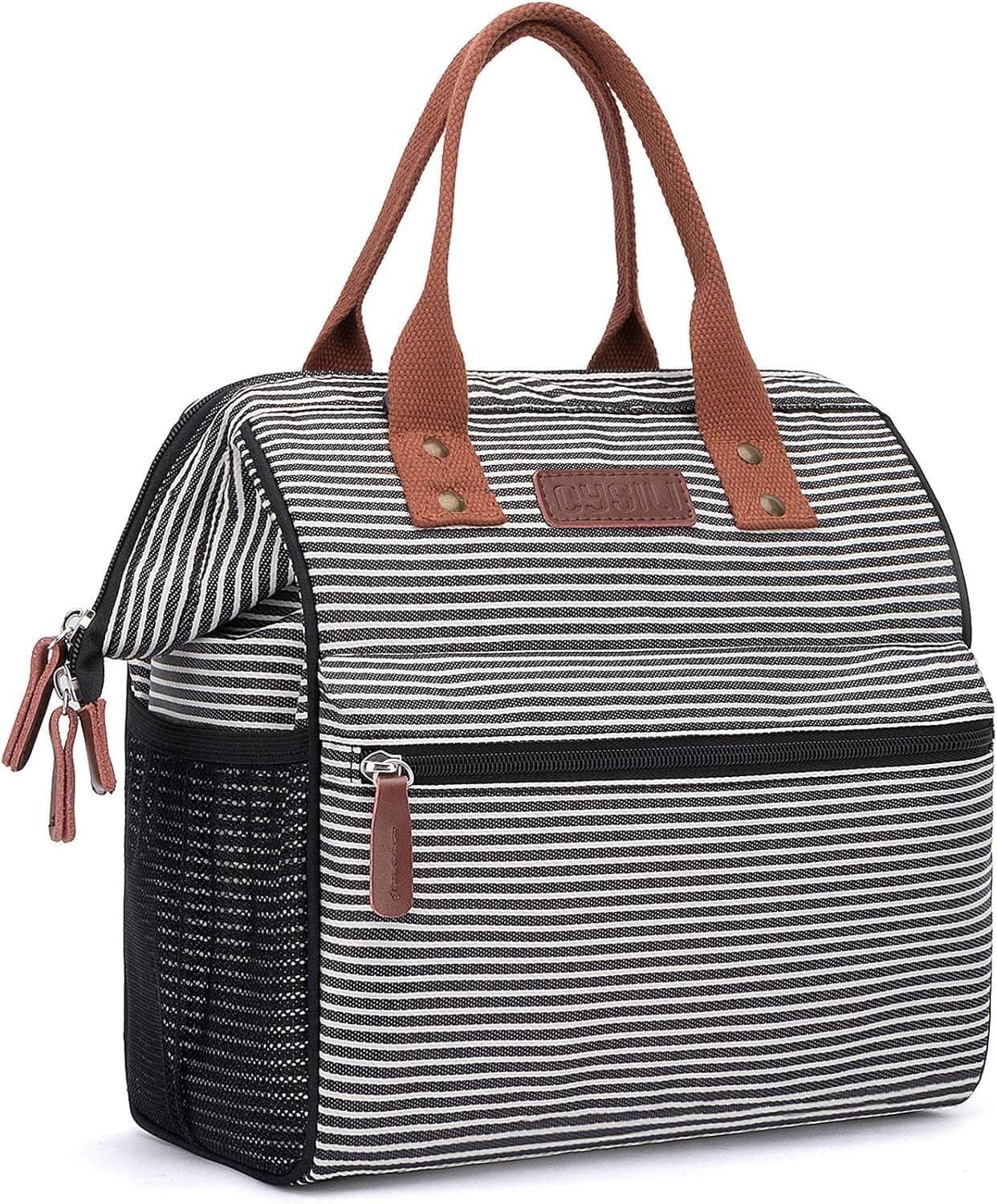 Insulated Lunch Bag, Wide-Open Lunch Box for Work/Picnic/Hiking/Beach/Fishing, Water-Resistant Leakproof Lunch Tote Bag for Women and Men (Black &White Stripe)