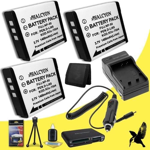 Three Halcyon 1400 mAH Lithium Ion Replacement KLIC-7004 Battery and Charger Kit + Memory Card Wallet + Multi Card USB Reader + Deluxe Starter Kit for Kodak EasyShare V1233 12.1 Megapixel Digital Camera and Kodak KLIC-7004