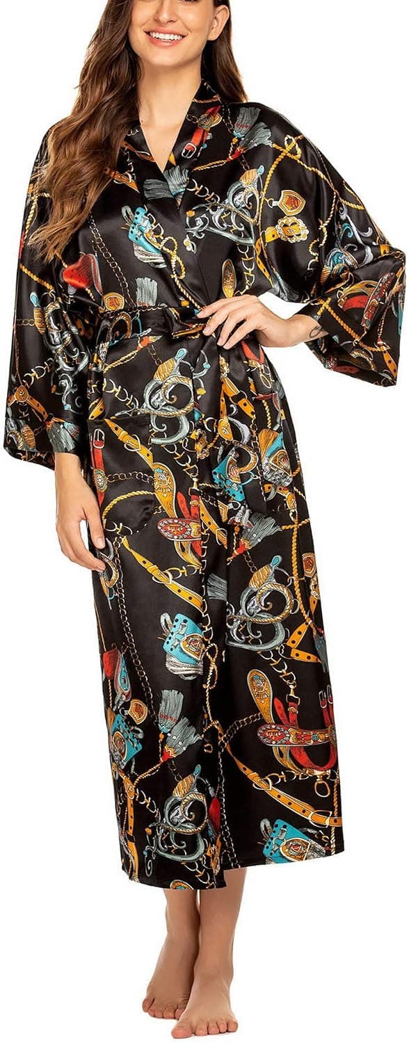 FINEJO Women Kimono Robe Silk Lightweight Long Robes Satin Bathrobe Soft Sleepwear V-Neck Ladies Loungewear S-XXL