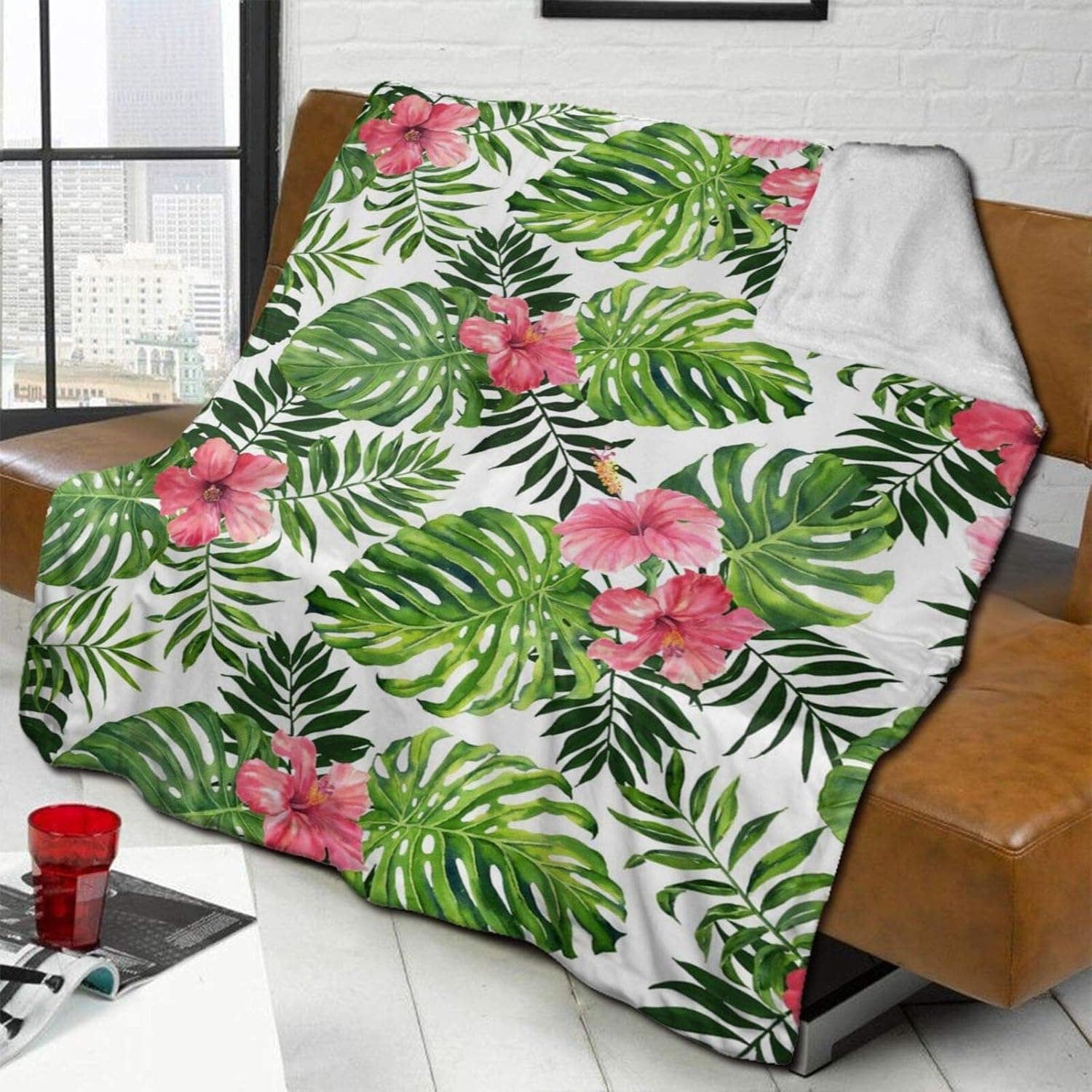 ANANGTEE Elegant Monstera Flowers Fleece Blanket, Space Sherpa Throw Blankets for Fluffy Warm Soft Couch Sofa Cozy Bed Travel Camper Gift 60"X50"