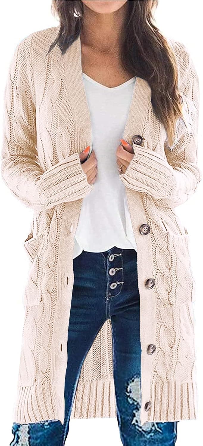 PRETTYGARDEN Women Long Sleeve Cable Knit Button Down Midi Long Cardigan Sweater Open Front Chunky Knitwear Coat with Pockets